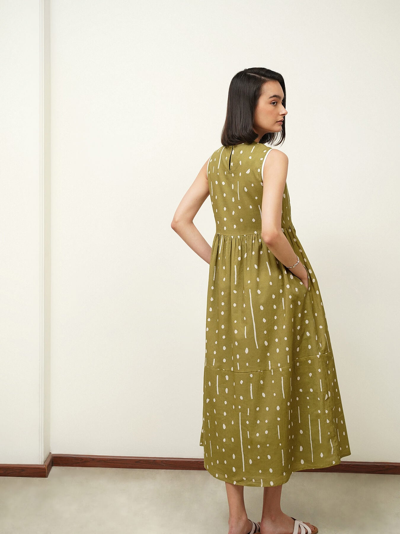 Cotton Polka Flared Dress - Green