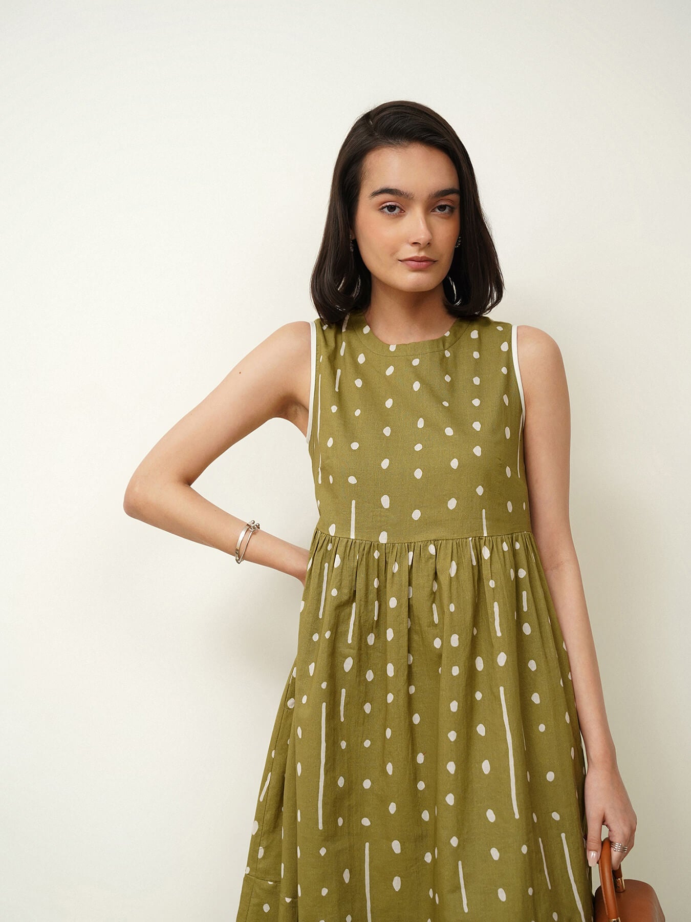 Cotton Polka Flared Dress - Green