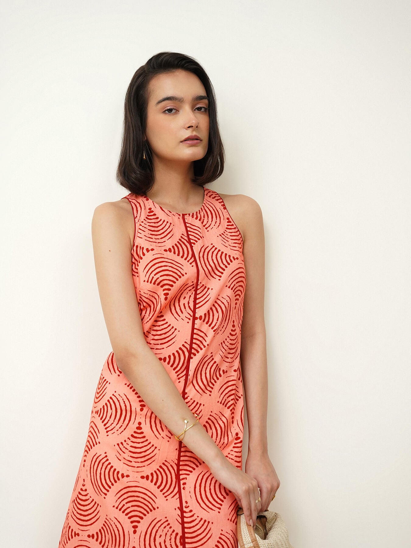 Cotton Geometric A-Line Dress - Peach