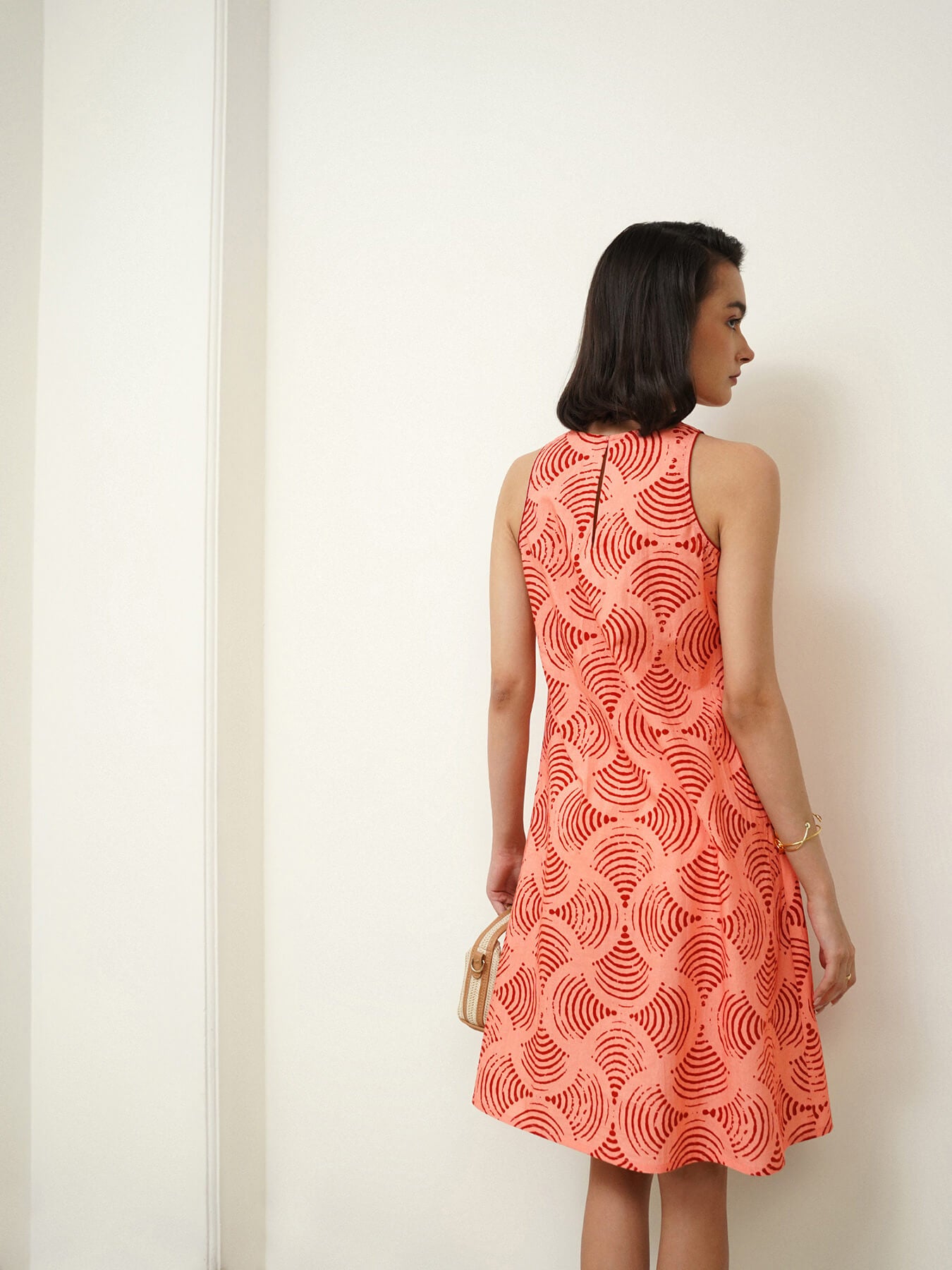 Cotton Geometric A-Line Dress - Peach