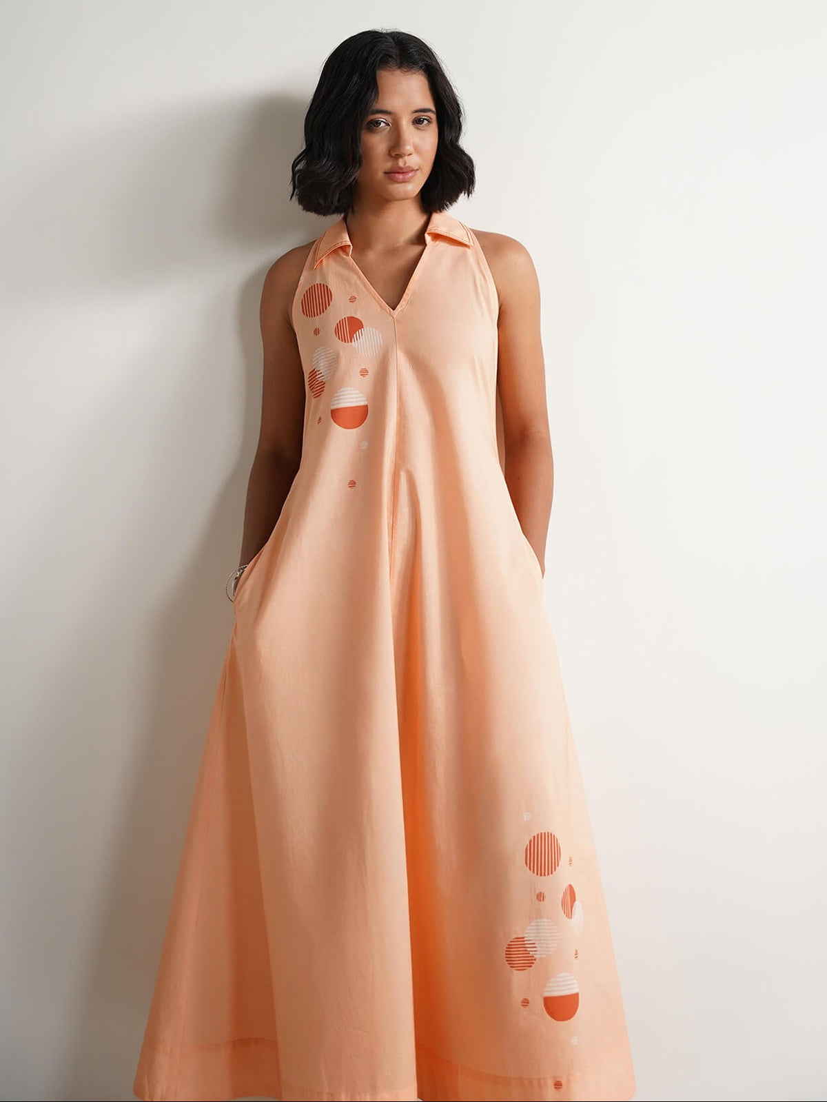 Pure Cotton Polka A-Line Dress - Peach