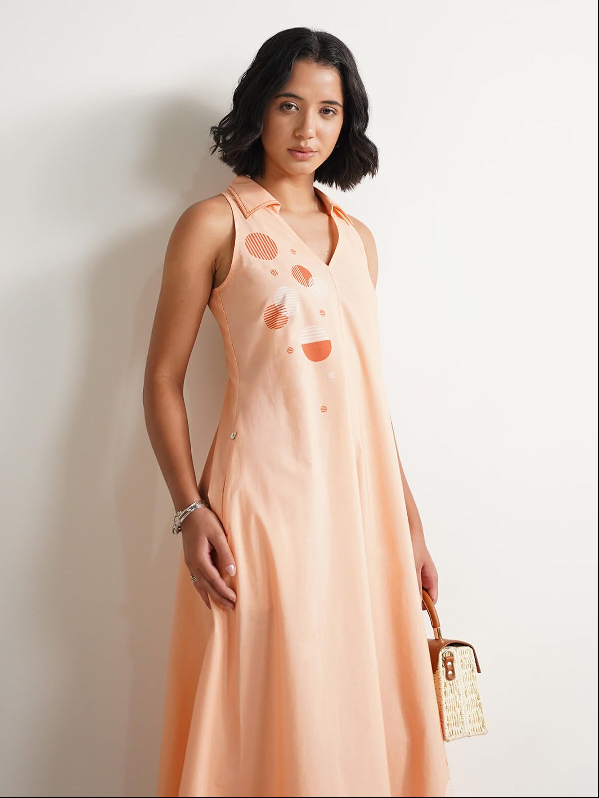Pure Cotton Polka A-Line Dress - Peach