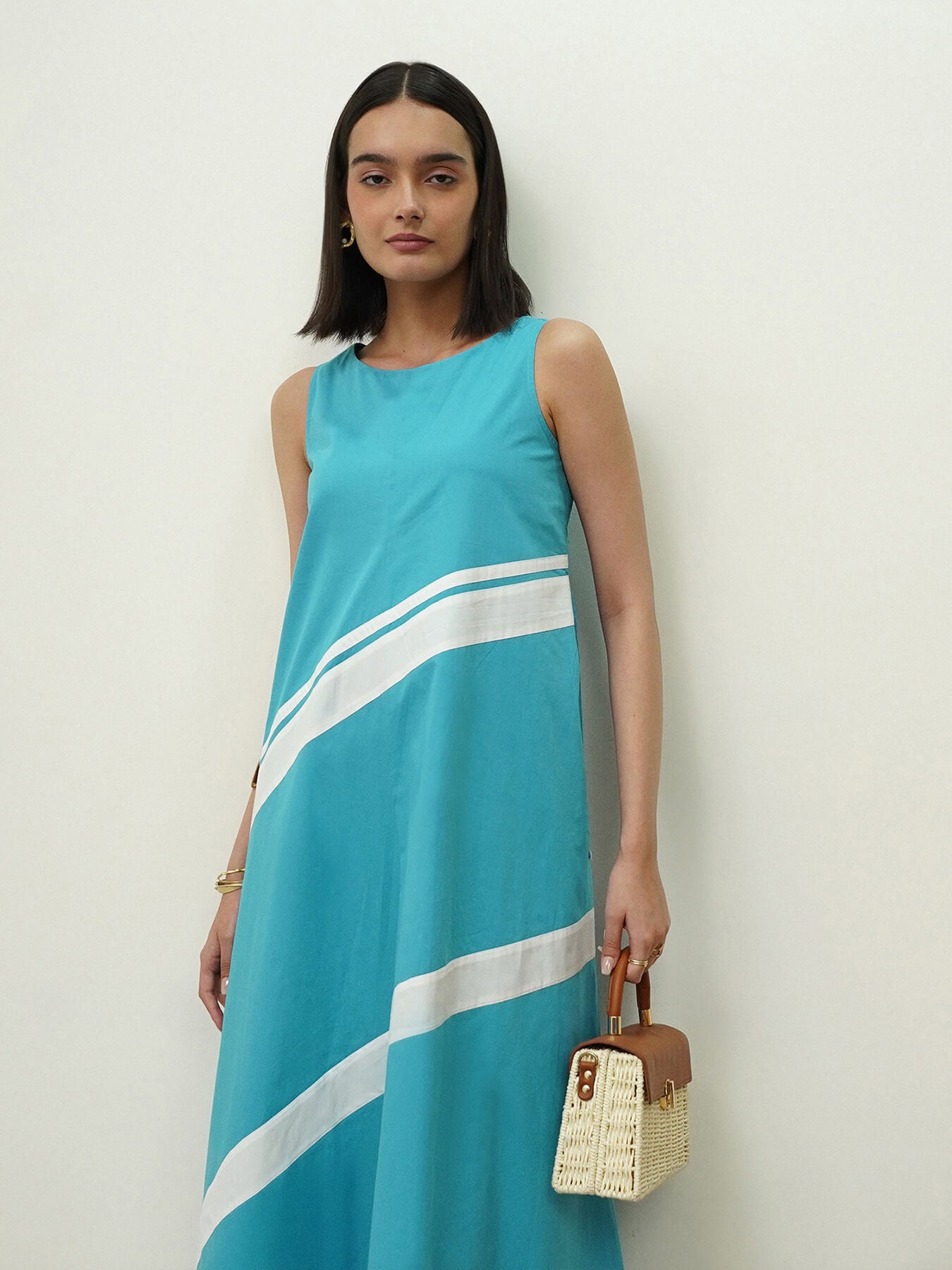 Cotton Colourblock A-Line Dress - Blue