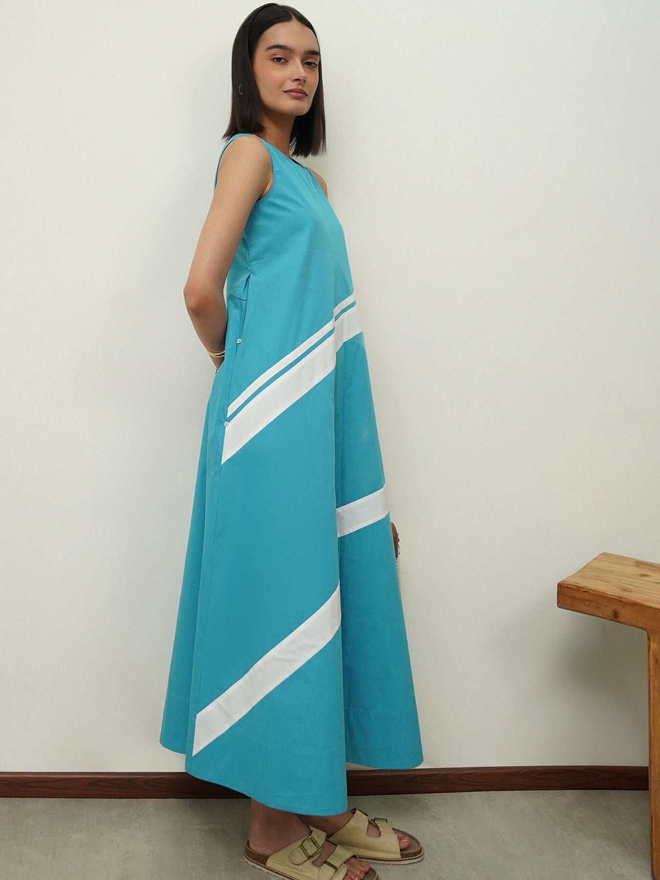 Cotton Colourblock A-Line Dress - Blue