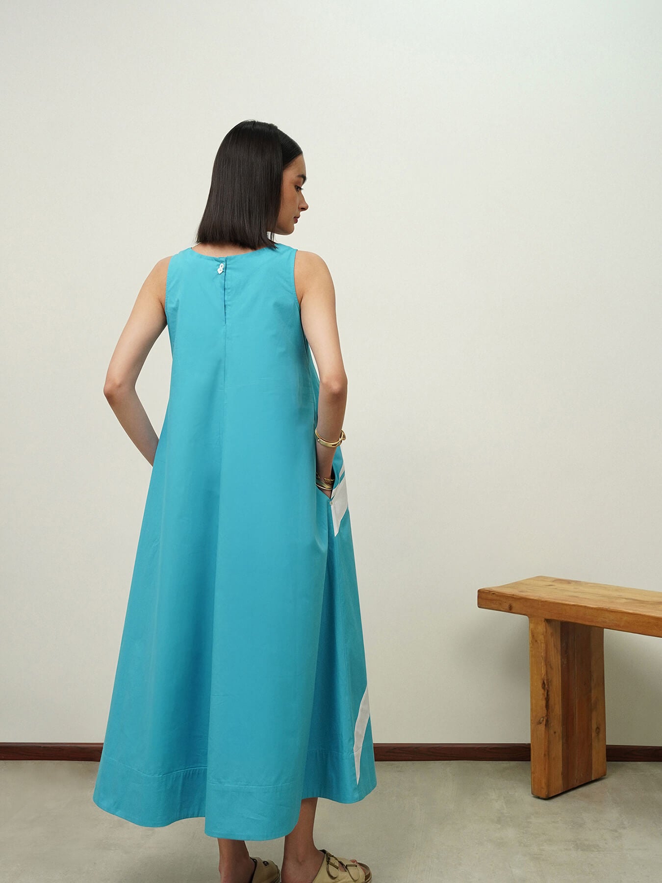 Cotton Colourblock A-Line Dress - Blue
