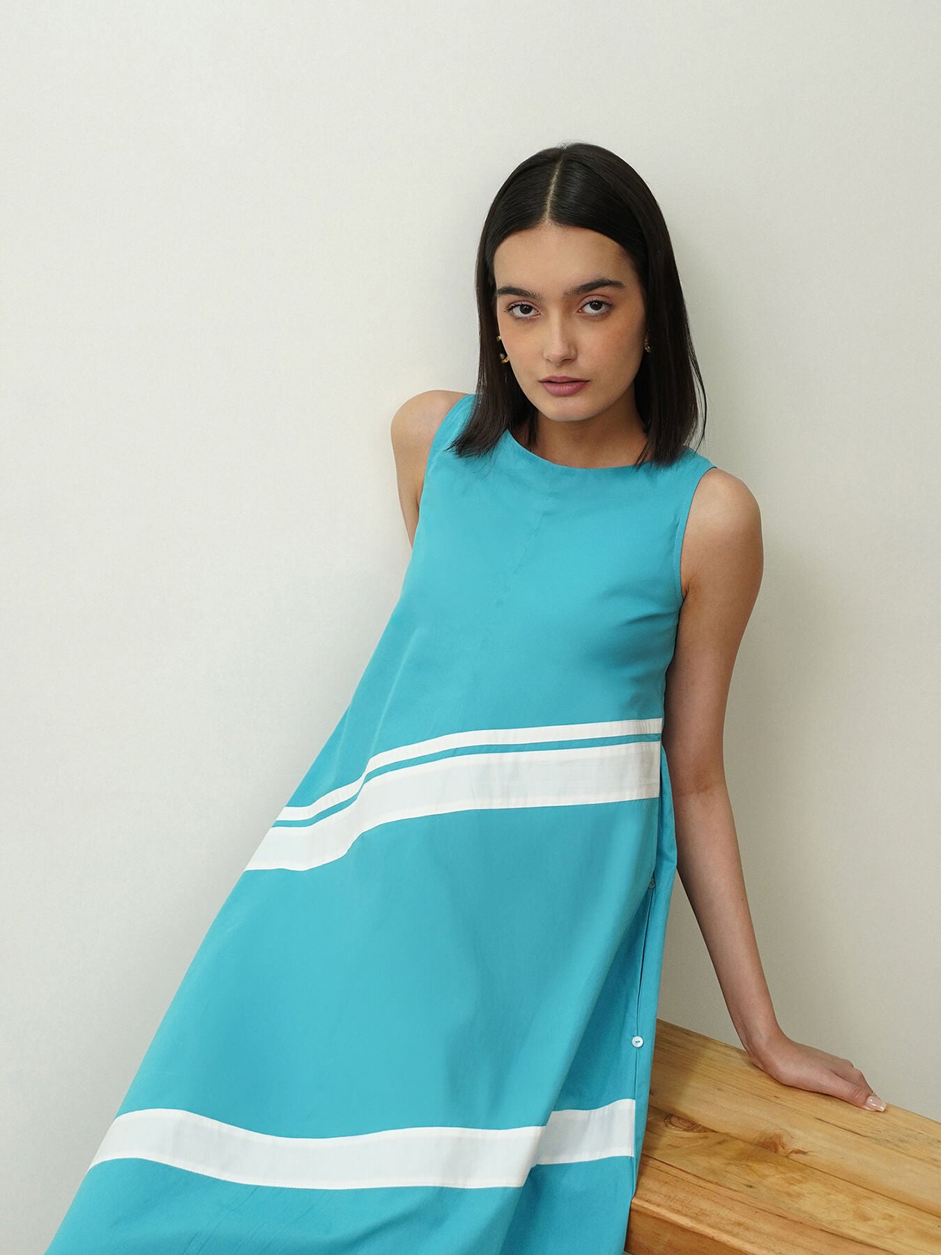 Cotton Colourblock A-Line Dress - Blue