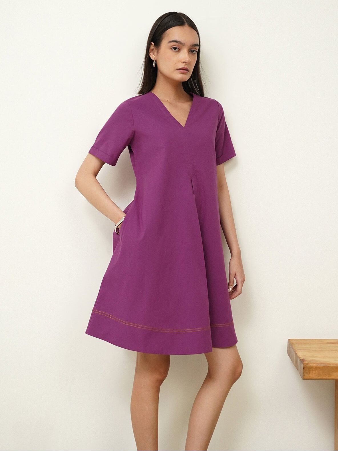 Cotton Solid A-Line Dress - Purple