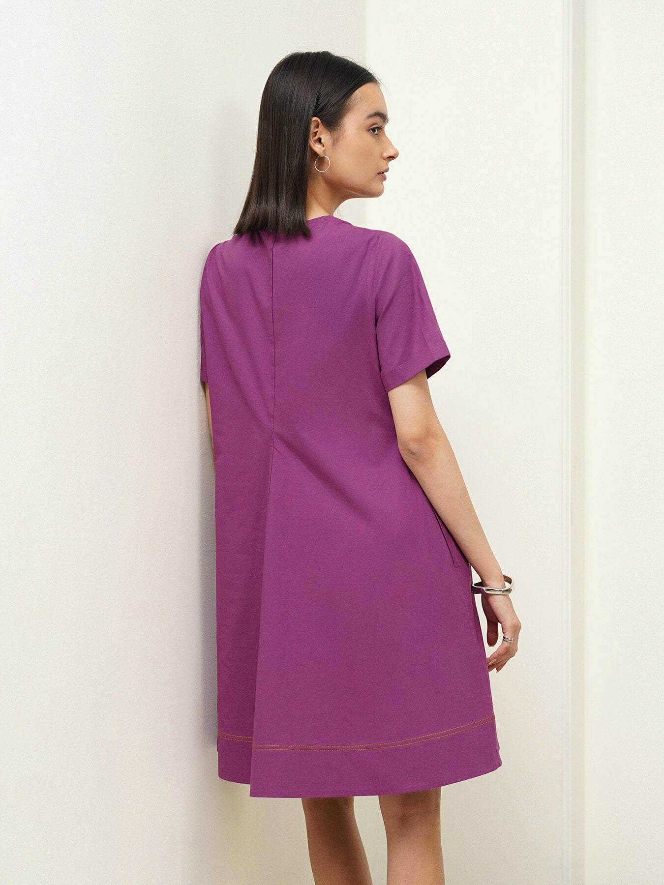 Cotton Solid A-Line Dress - Purple