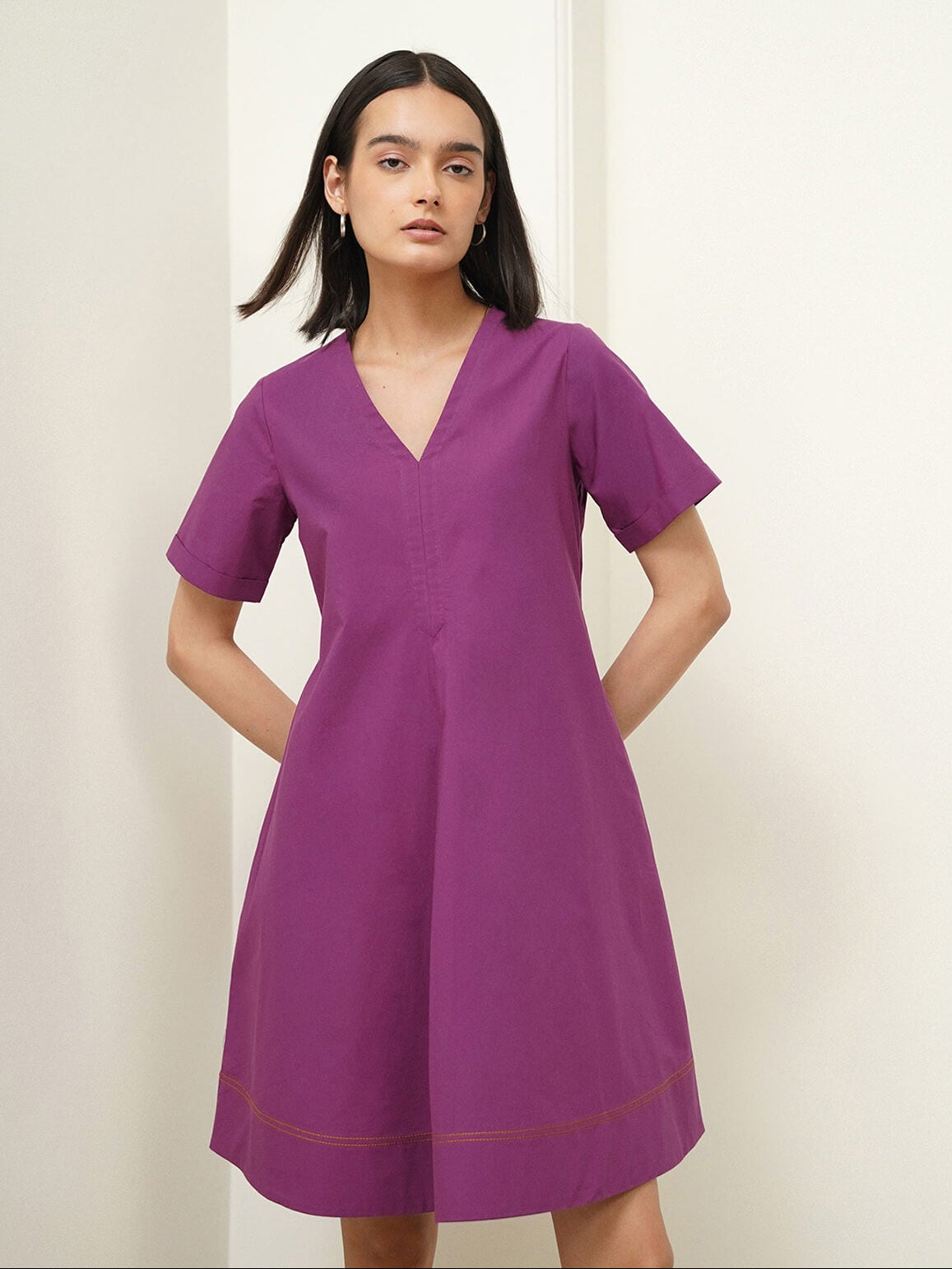 Cotton Solid A-Line Dress - Purple