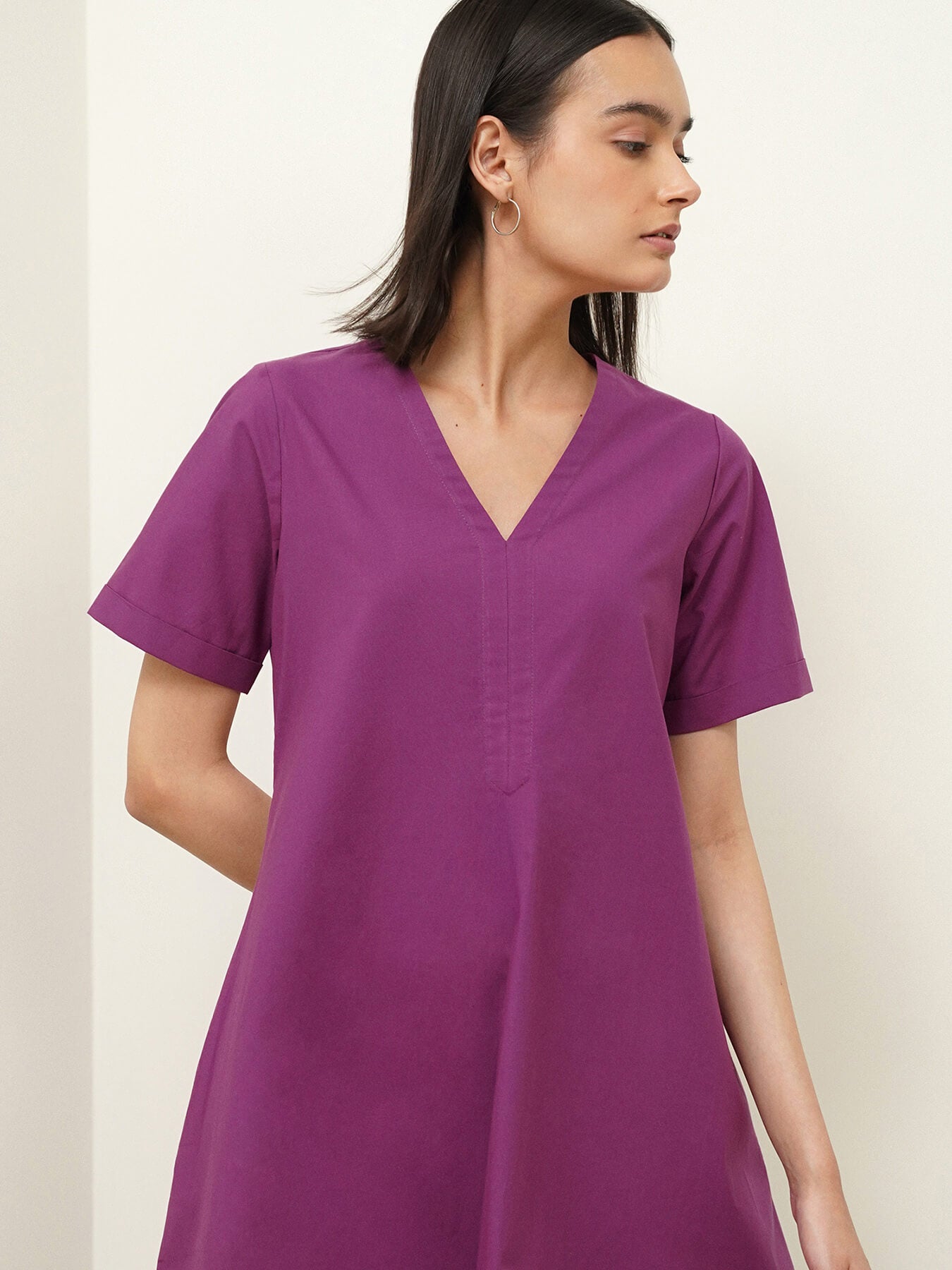 Cotton Solid A-Line Dress - Purple