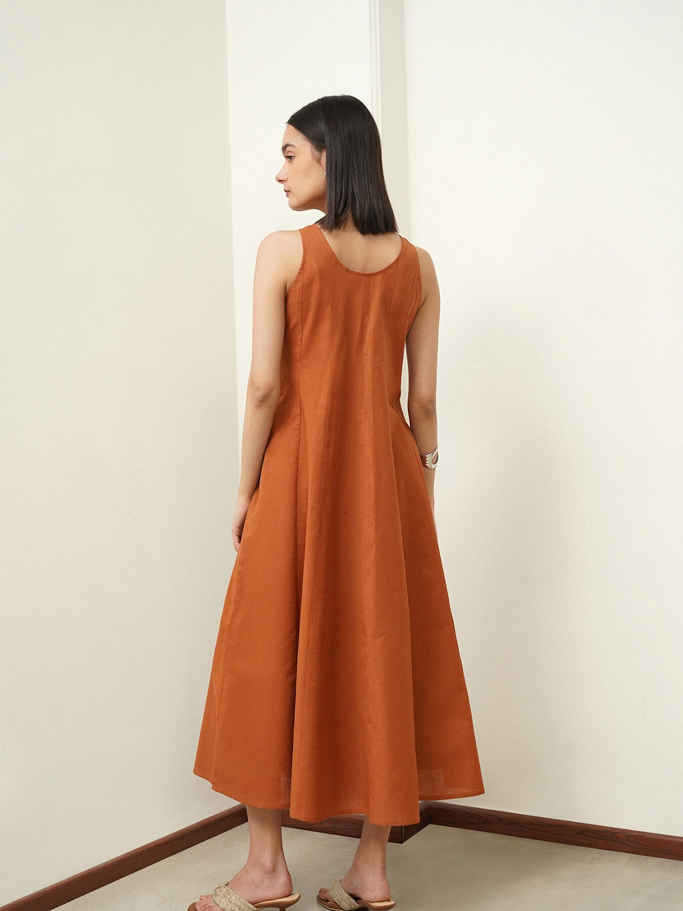 Linen Blend Colourblock Dress - Rust