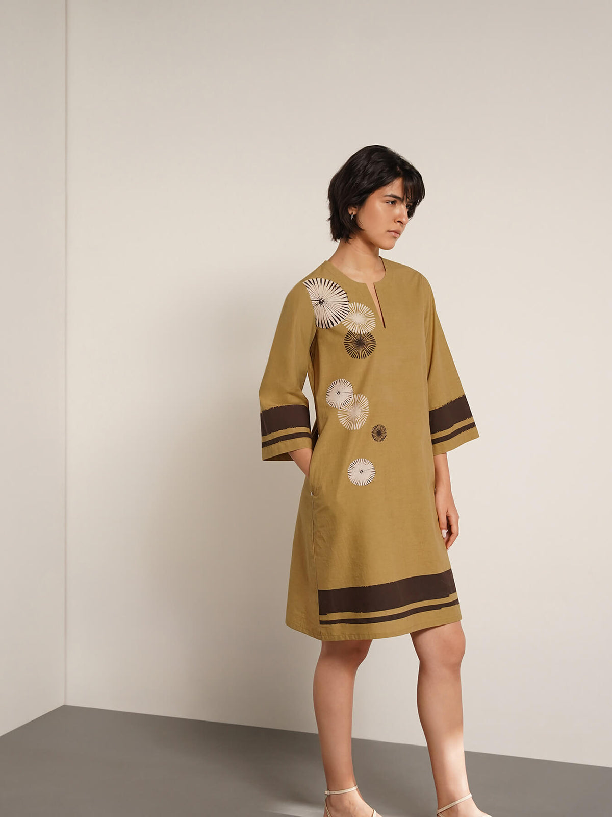 Cotton Floral Placement Print Dress - Olive