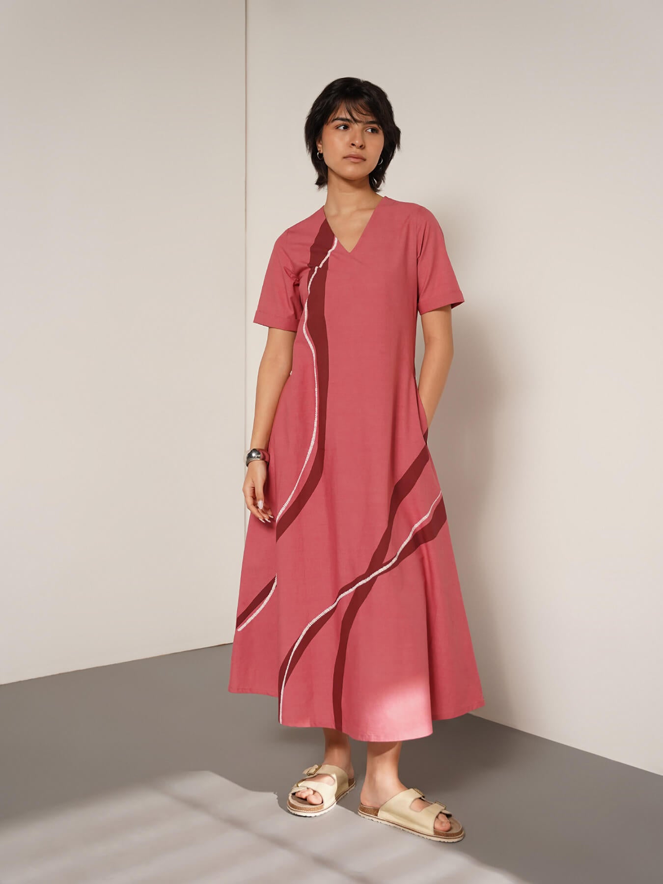 Cotton Abstract Print Dress - Peach