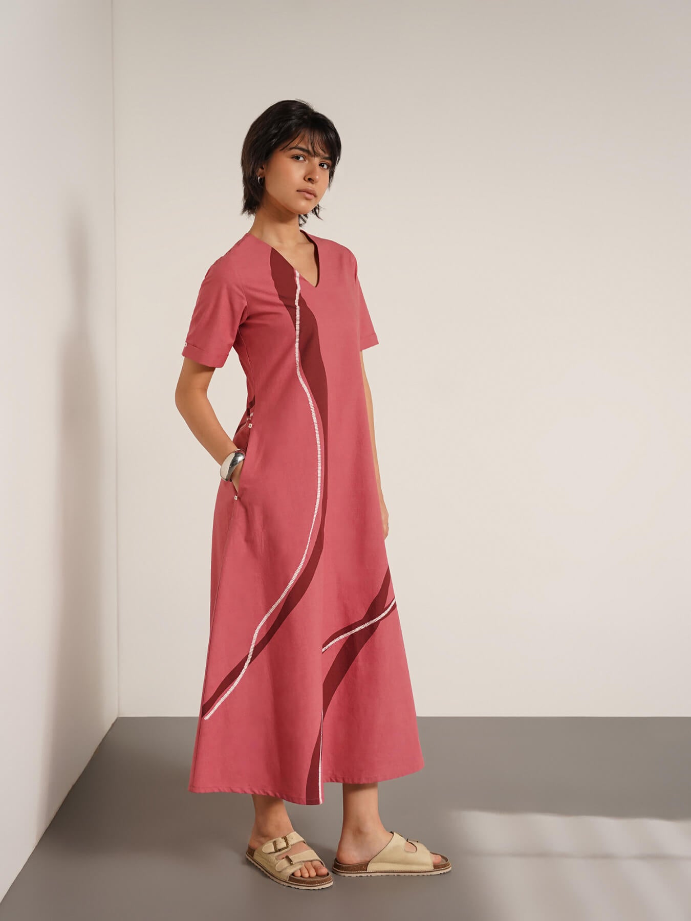 Cotton Abstract Print Dress - Peach