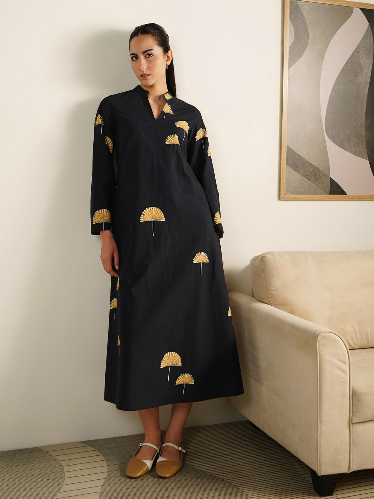 Cotton Ethnic Motif A-line Dress - Black