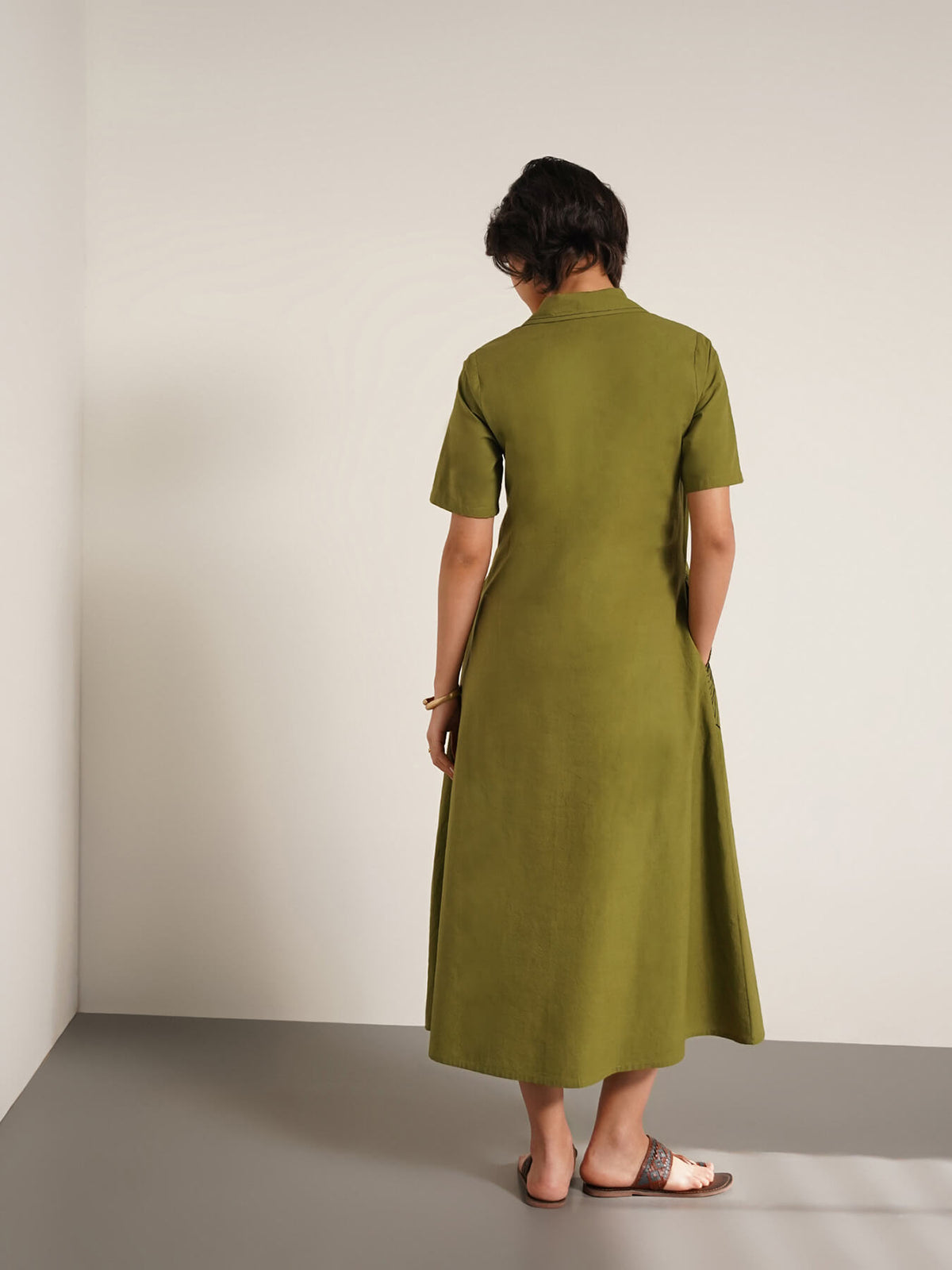 Cotton Placement Floral Print Dress - Olive
