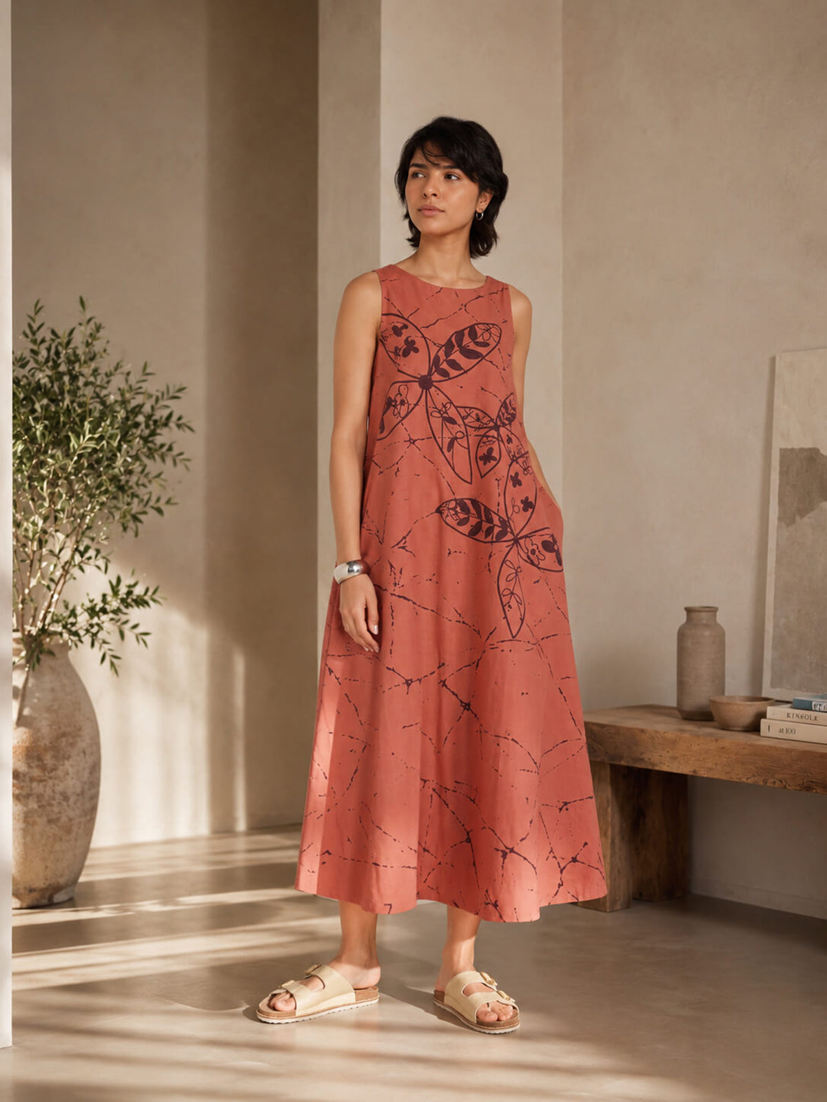 Cotton Floral Boat Neck Dress - Peach