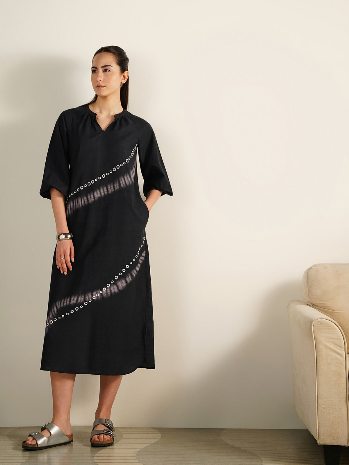 Cotton Abstract Print Midi Dress - Black