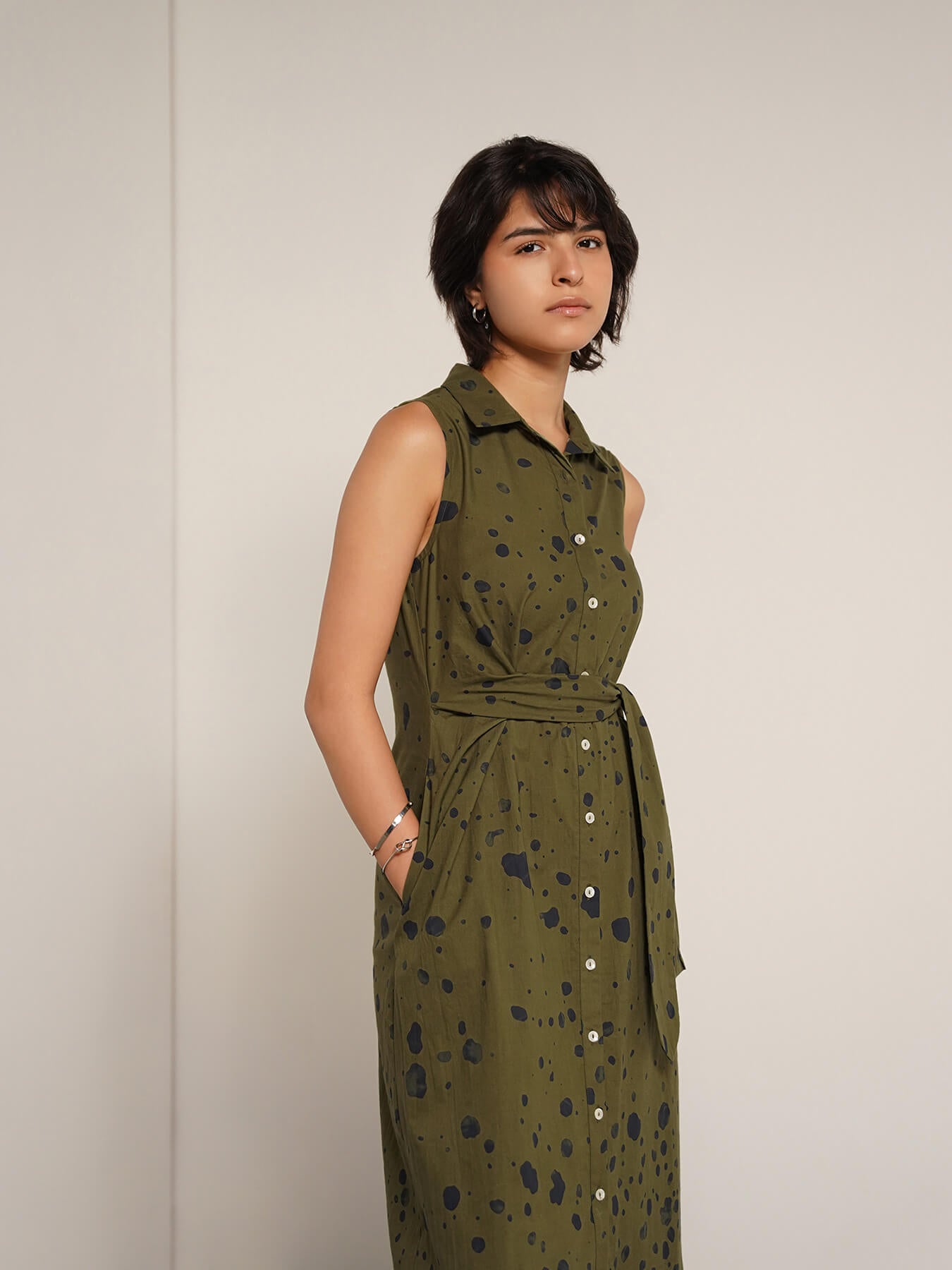 Cotton Abstract Print Shirt Dress - Olive