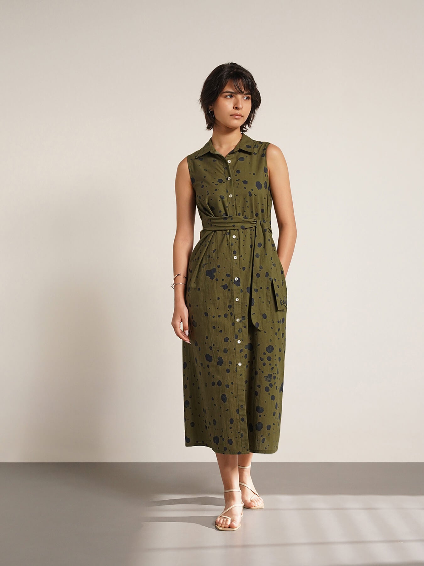 Cotton Abstract Print Shirt Dress - Olive