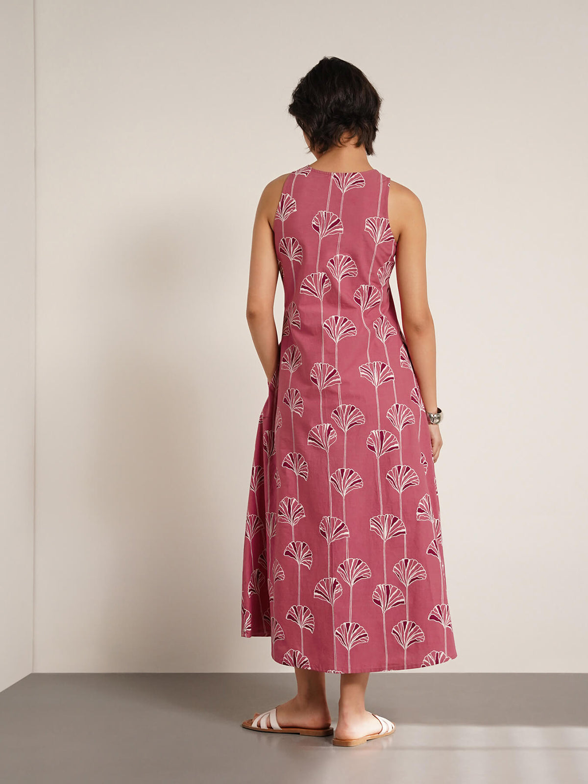 Cotton Floral Round Neck Dress - Pink