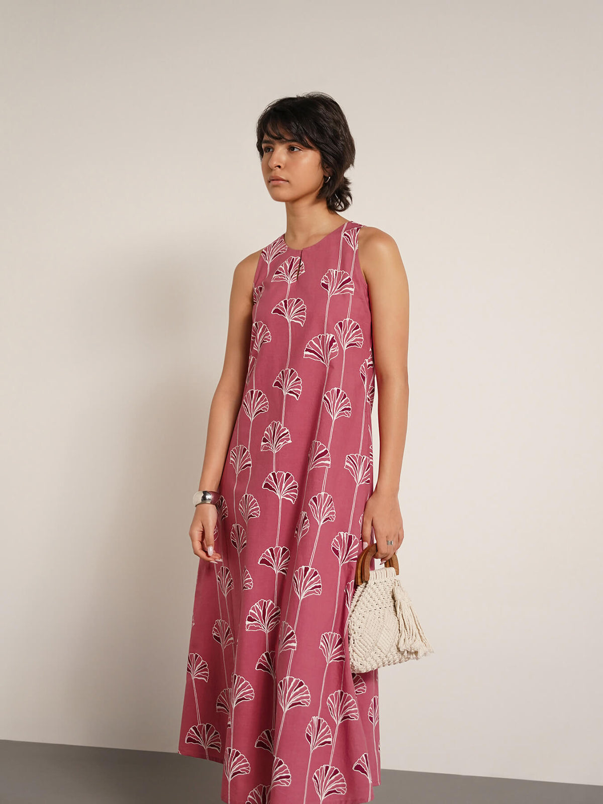 Cotton Floral Round Neck Dress - Pink