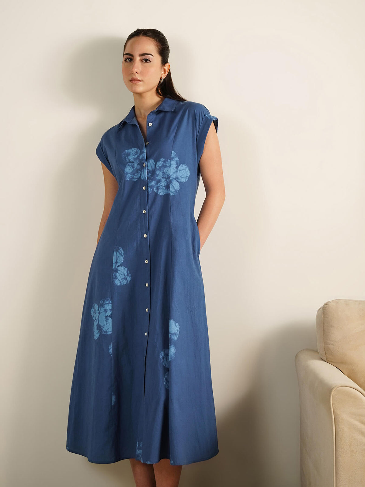 Cotton Floral Shirt Dress - Blue