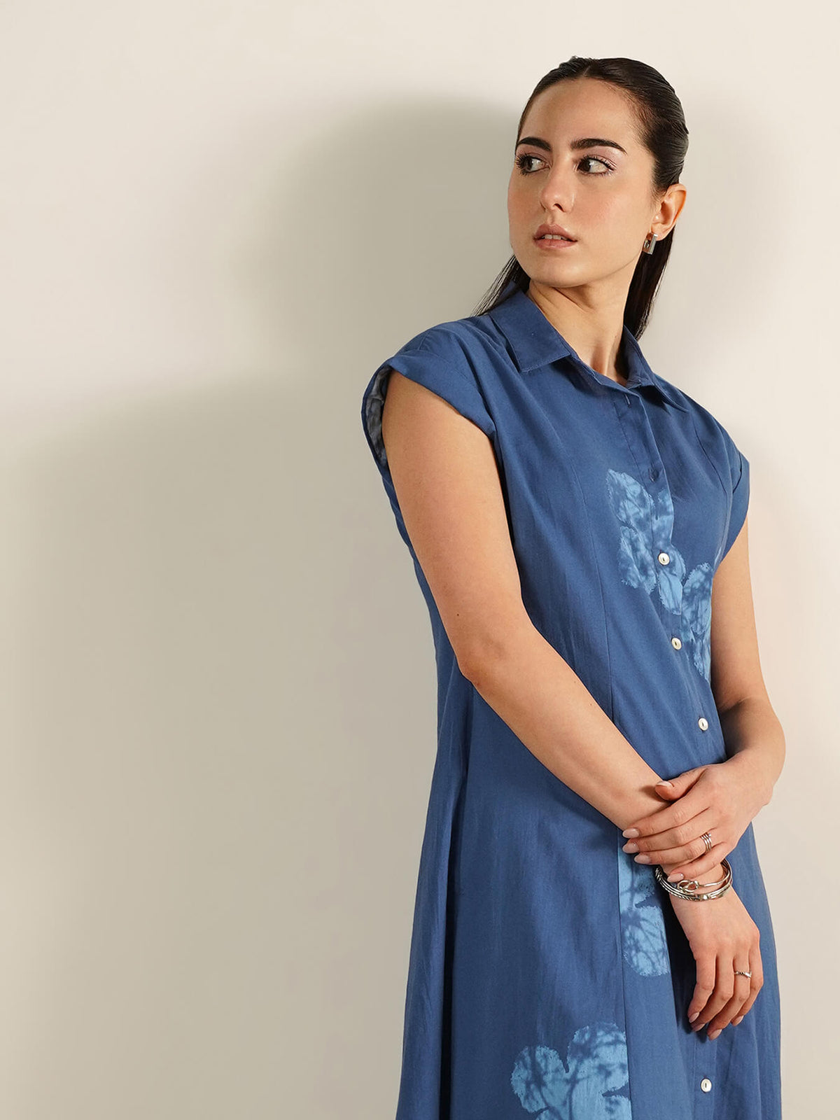 Cotton Floral Shirt Dress - Blue