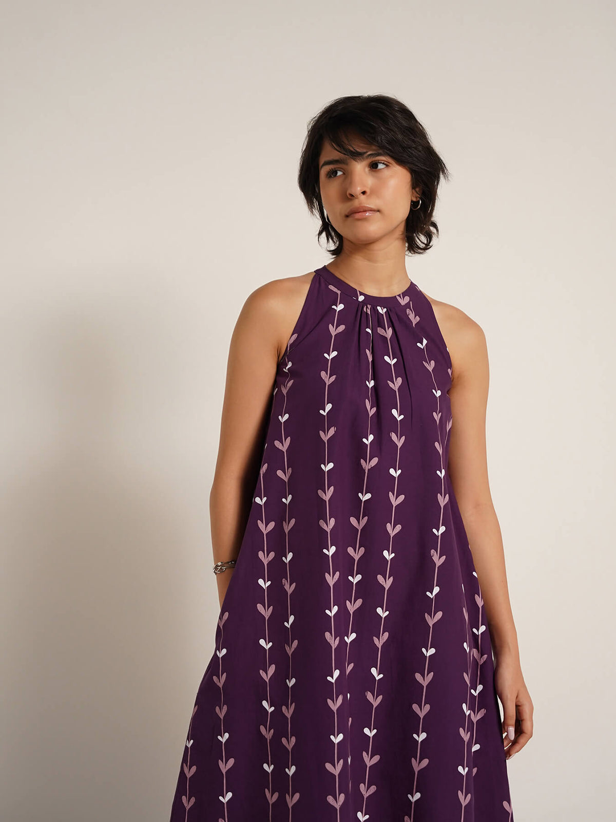 Cotton Floral Halter Neck Dress - Purple