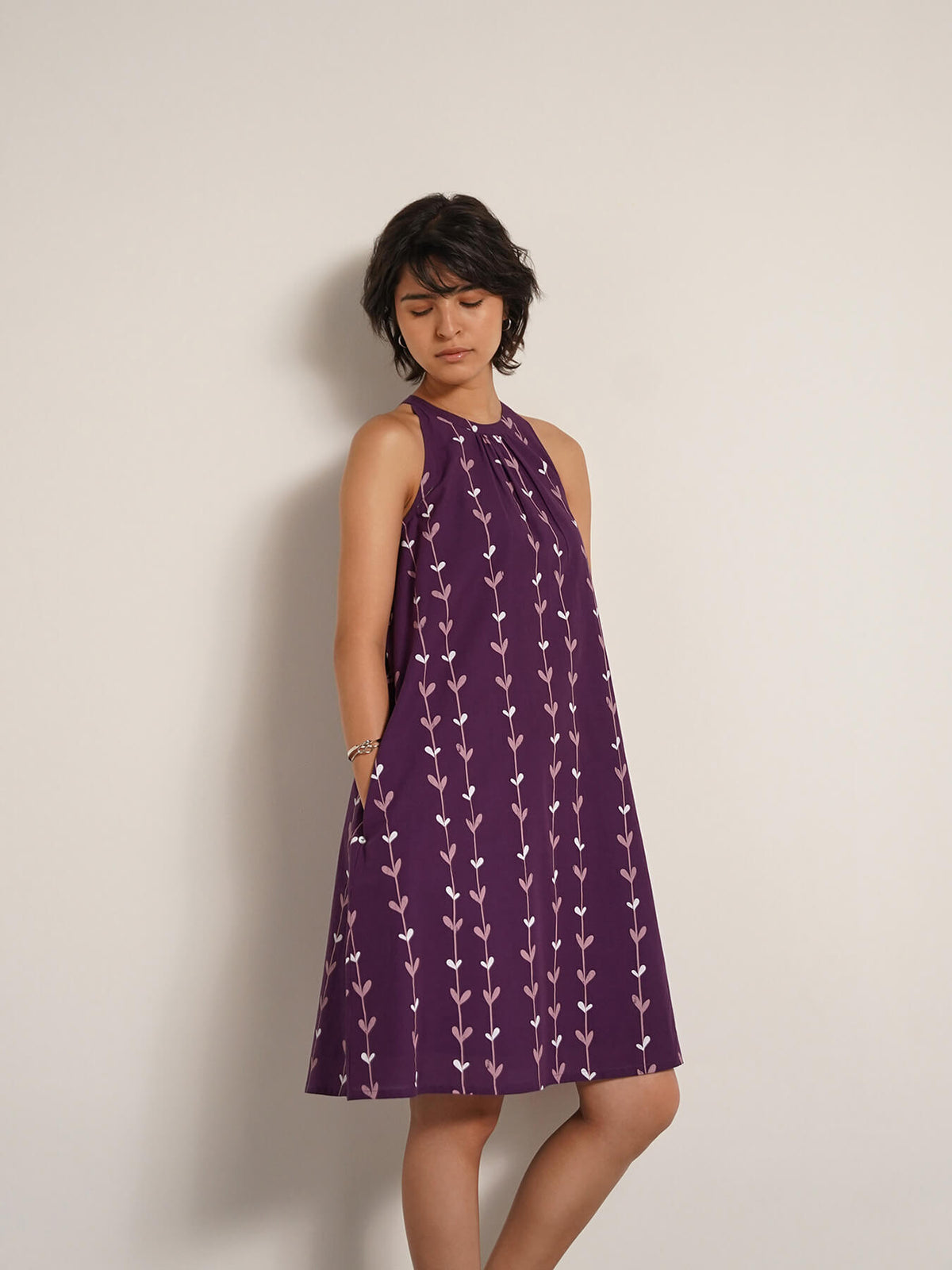Cotton Floral Halter Neck Dress - Purple