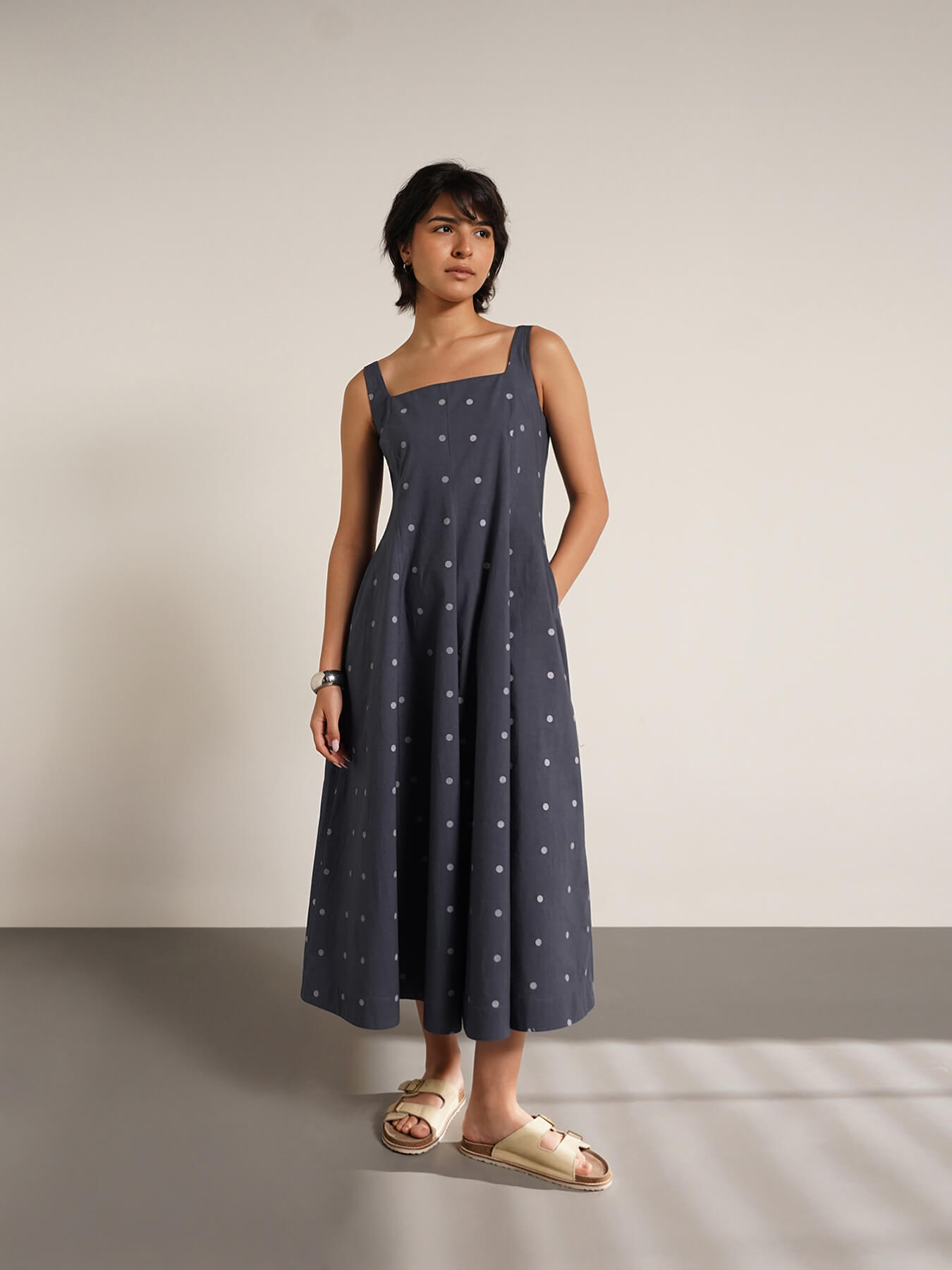 Cotton Polka Square Neck Dress - Grey