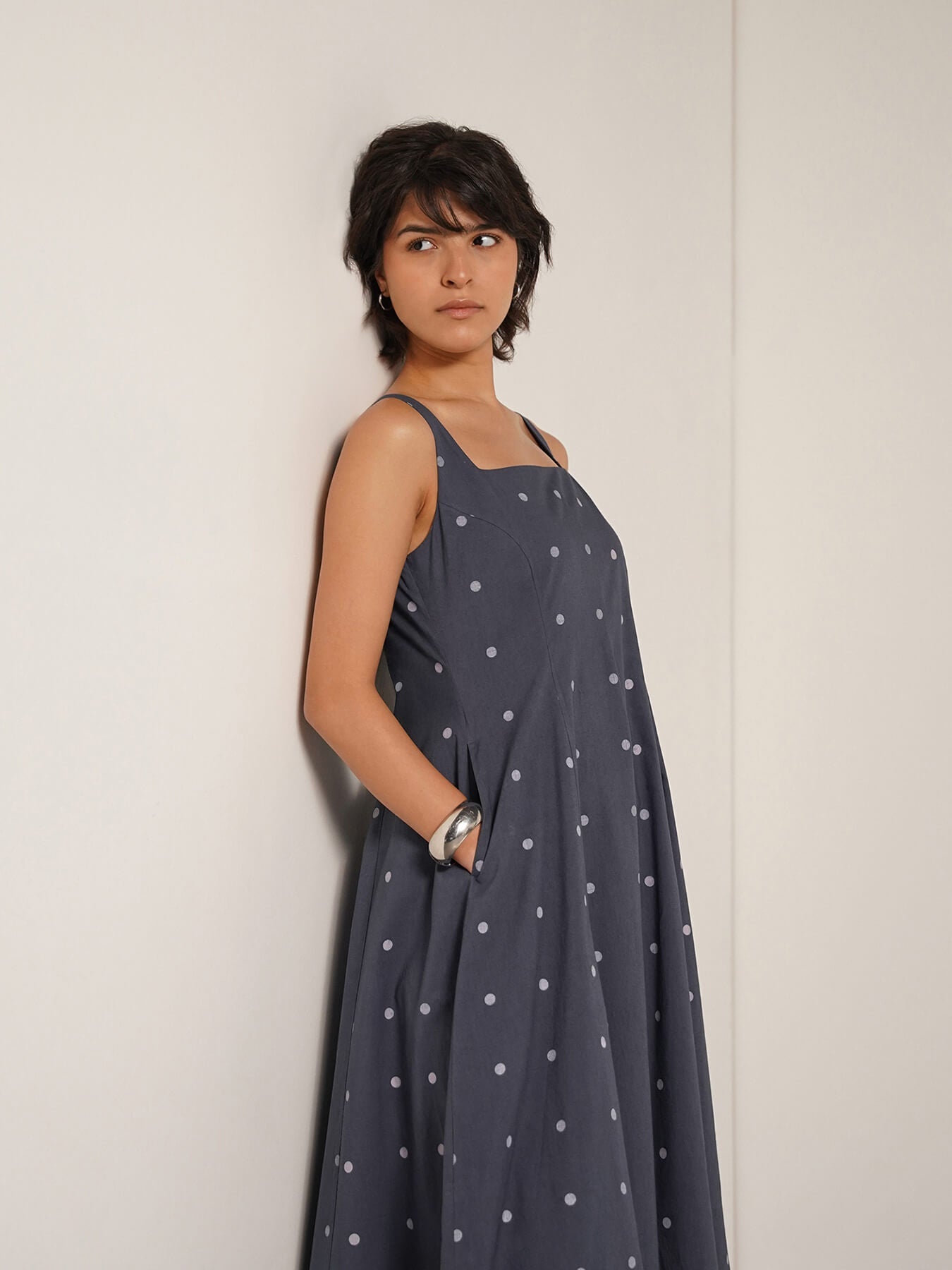 Cotton Polka Square Neck Dress - Grey