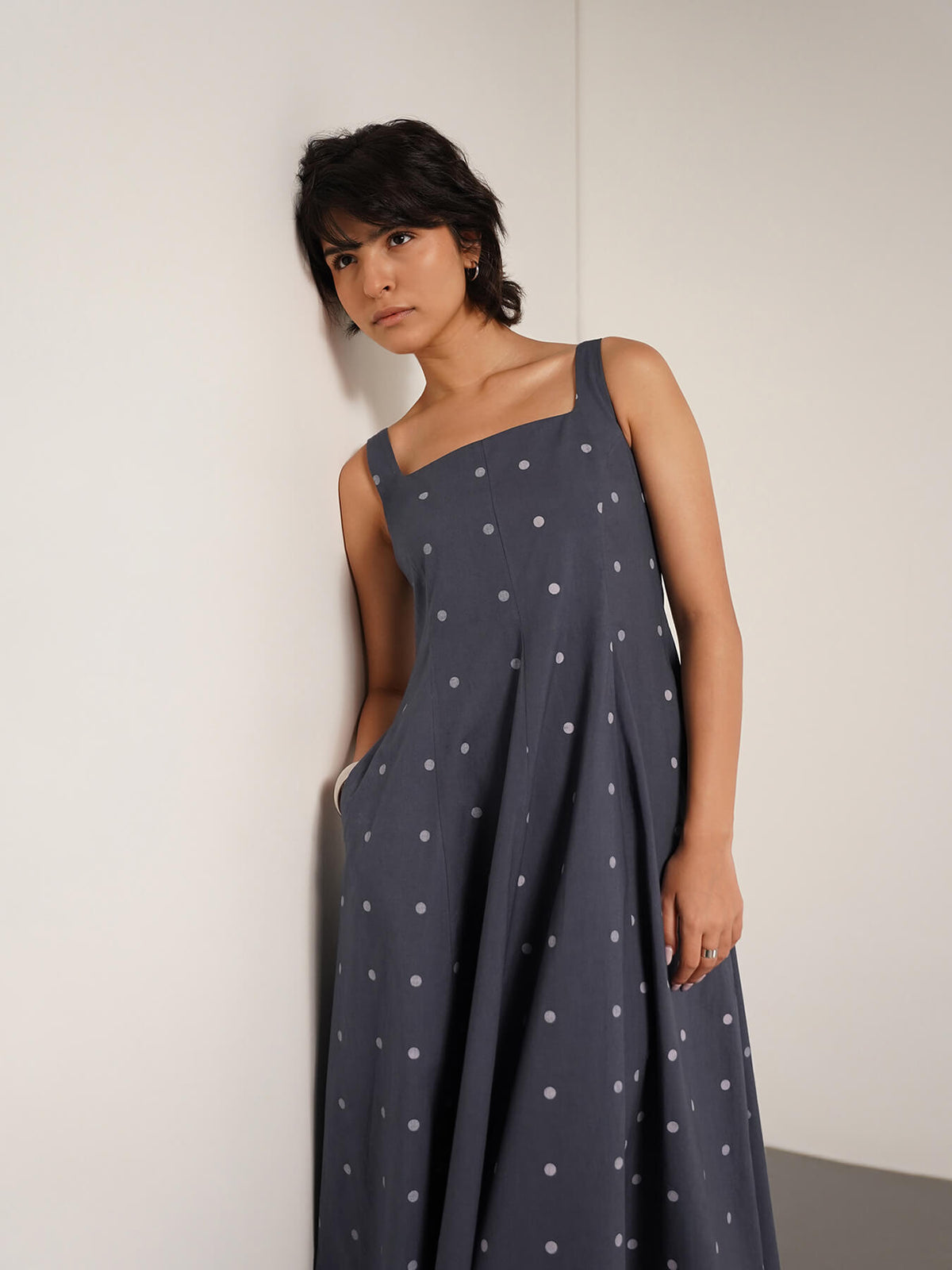Cotton Polka Square Neck Dress - Grey