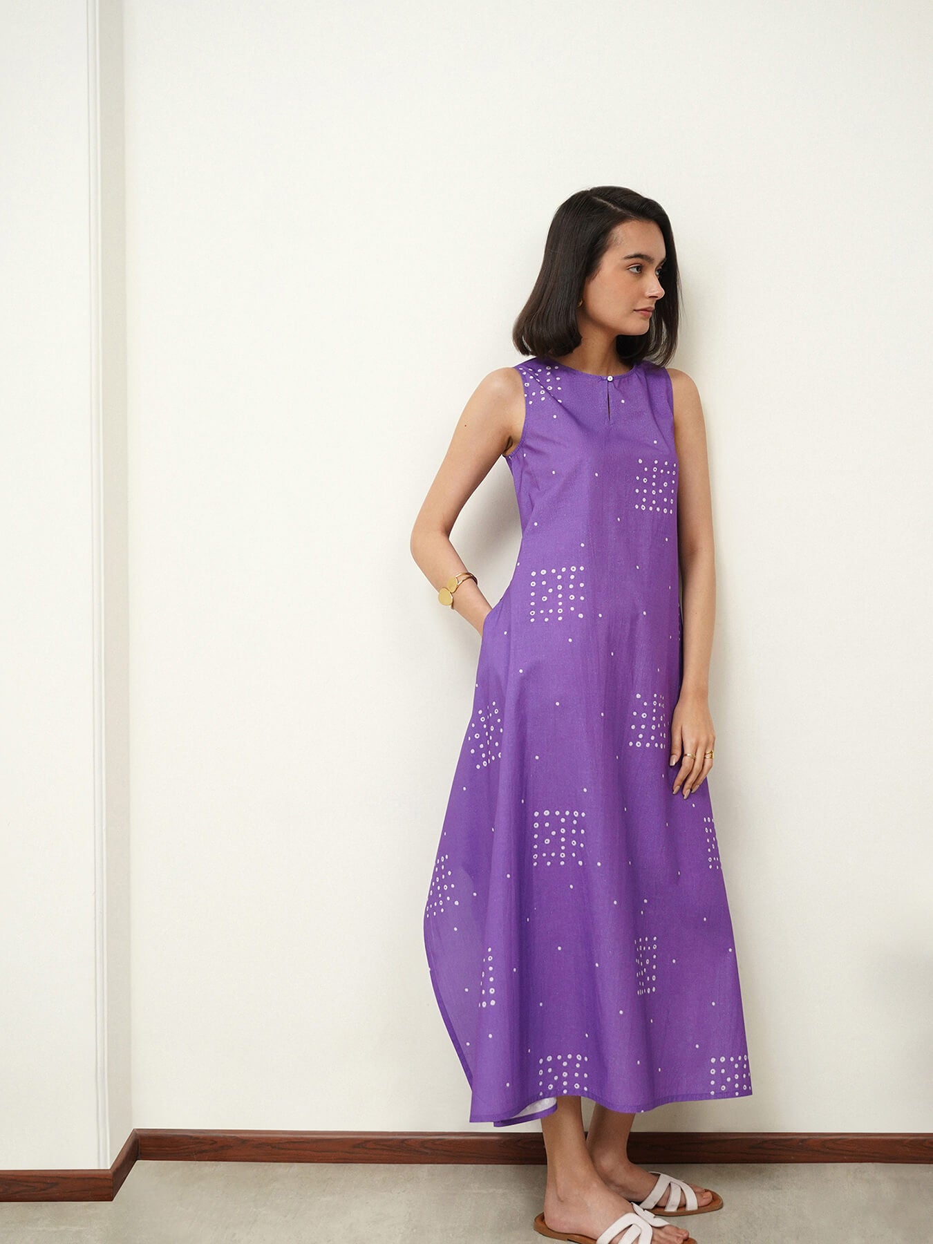 Cotton Round Neck A-Line Dress - Purple