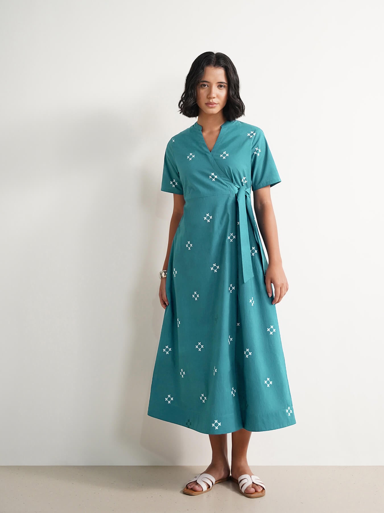 Cotton V-Neck Wrap Dress - Teal