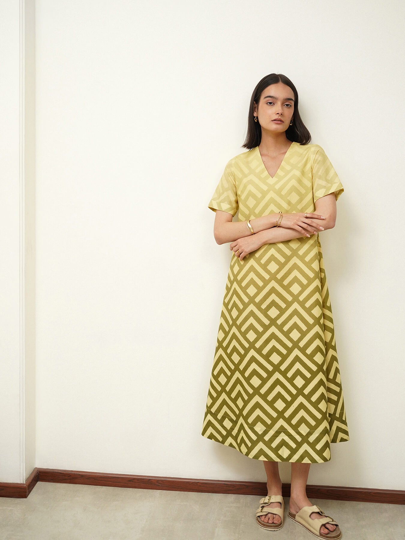 Cotton Geometric Midi Dress - Yellow