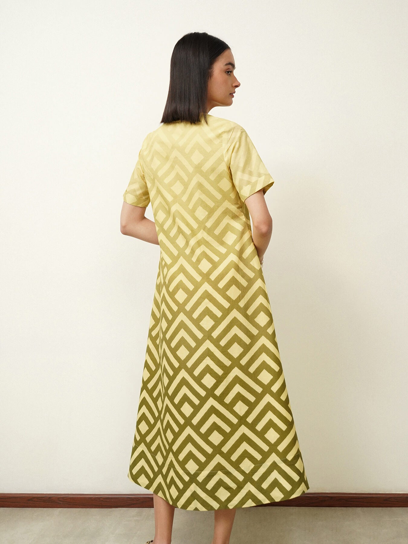 Cotton Geometric Midi Dress - Yellow