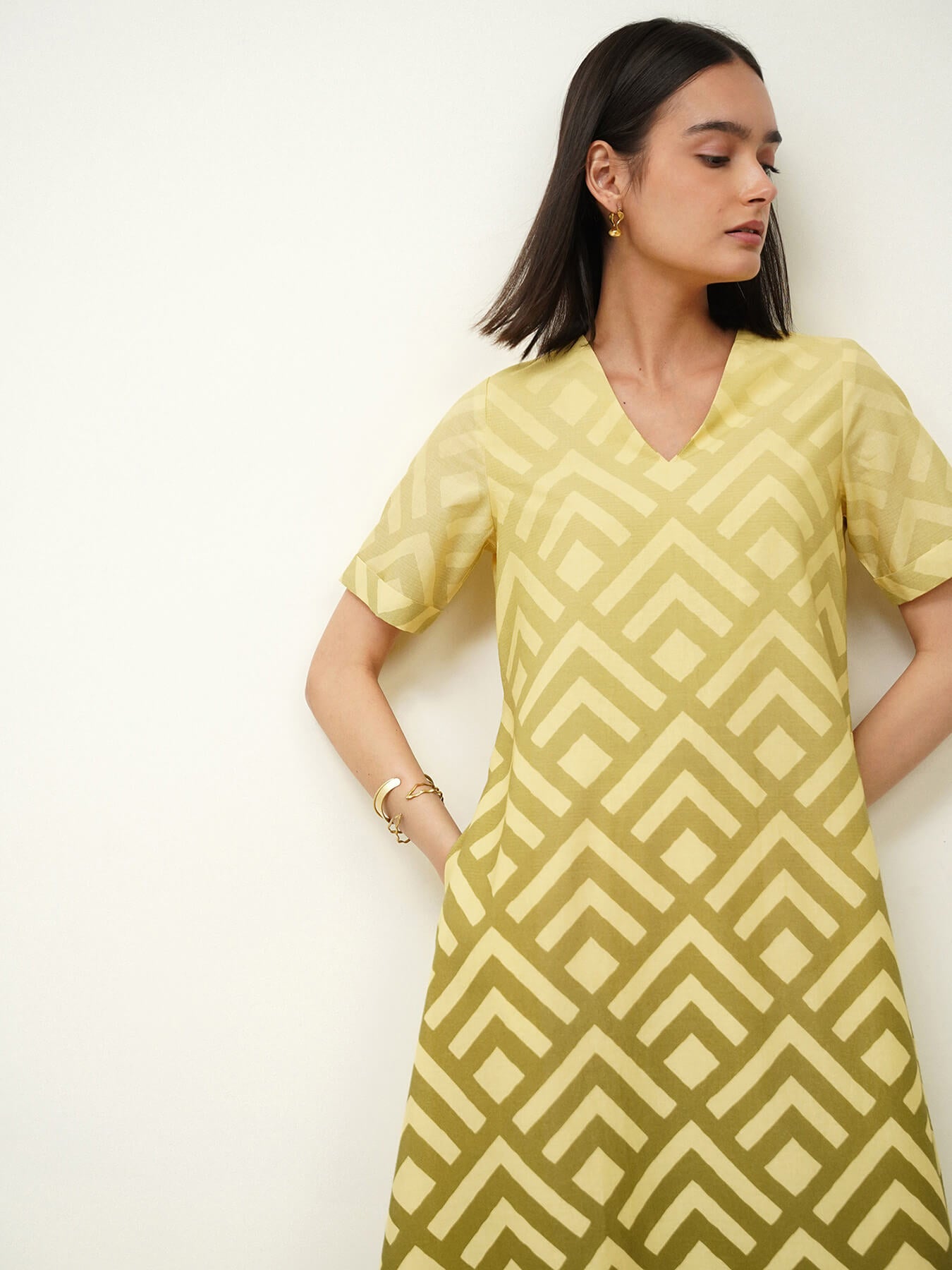 Cotton Geometric Midi Dress - Yellow