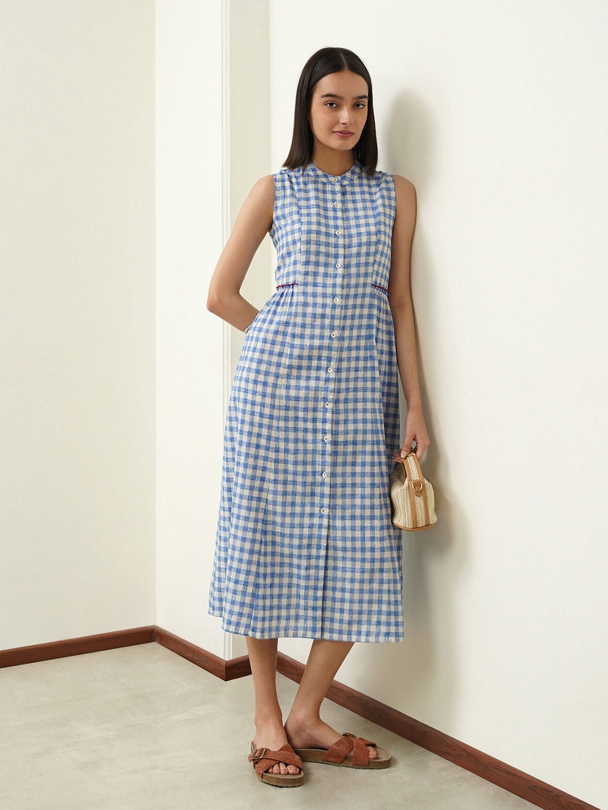 Cotton Gingham Flared Dress - Blue