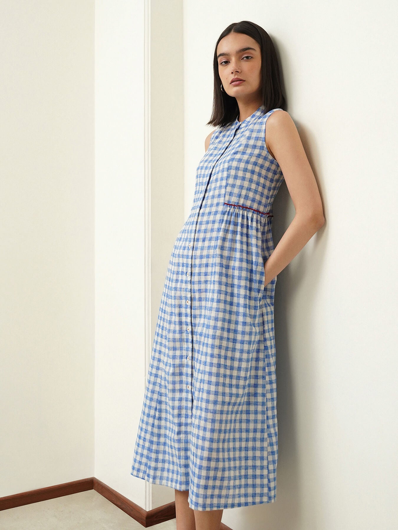 Cotton Gingham Flared Dress - Blue