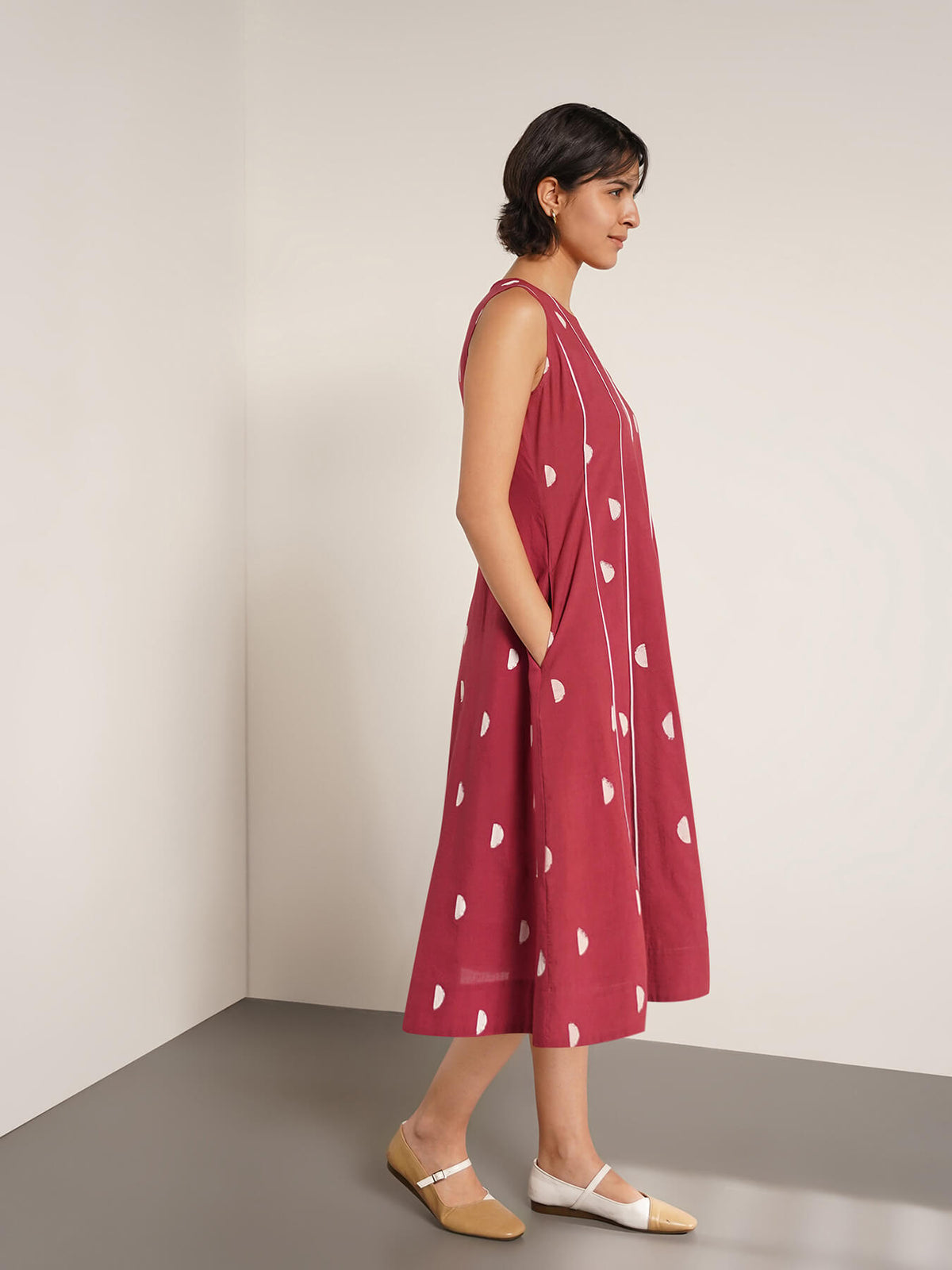 Cotton Geometric Print Fit & Flare Dress - Maroon