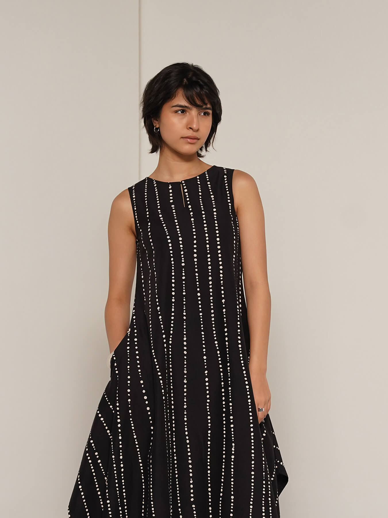 Cotton Polka Assymetric Dress - Black