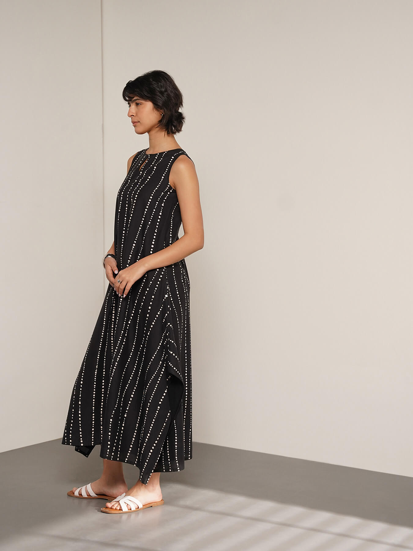 Cotton Polka Assymetric Dress - Black