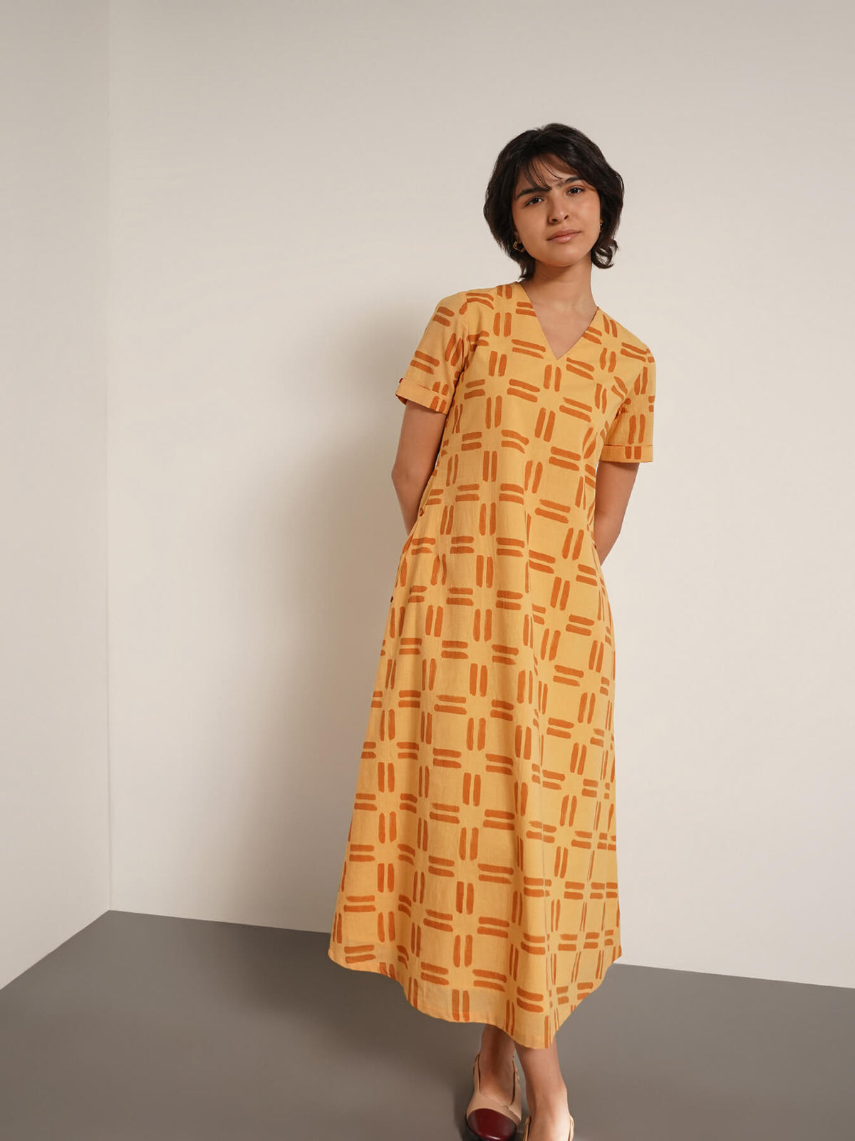 Cotton Geometric Print Midi Dress - Yellow