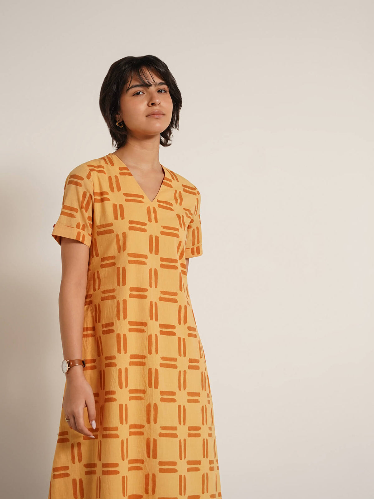 Cotton Geometric Print Midi Dress - Yellow