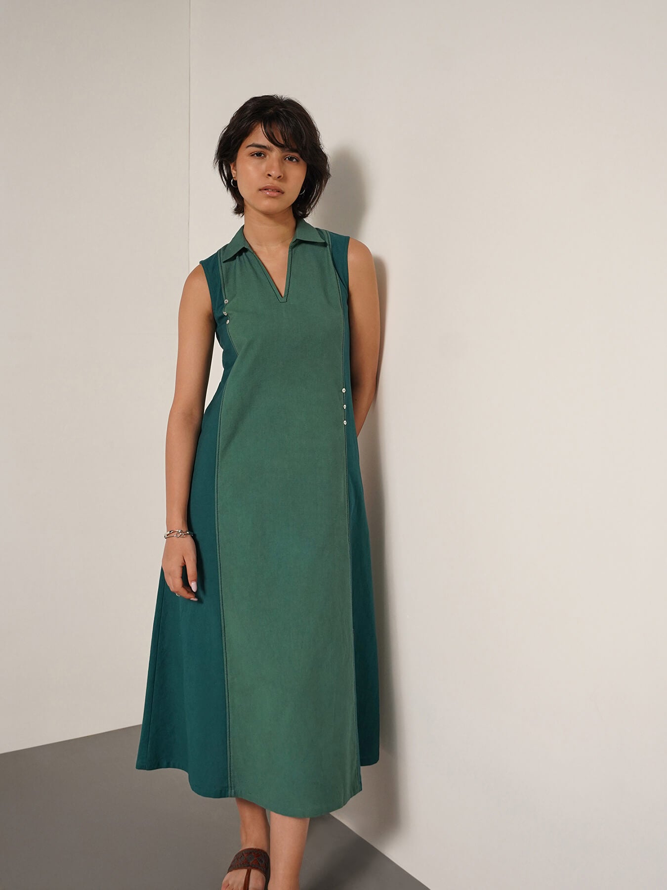 Cotton Colourblock Shirt Collar Dress - Teal
