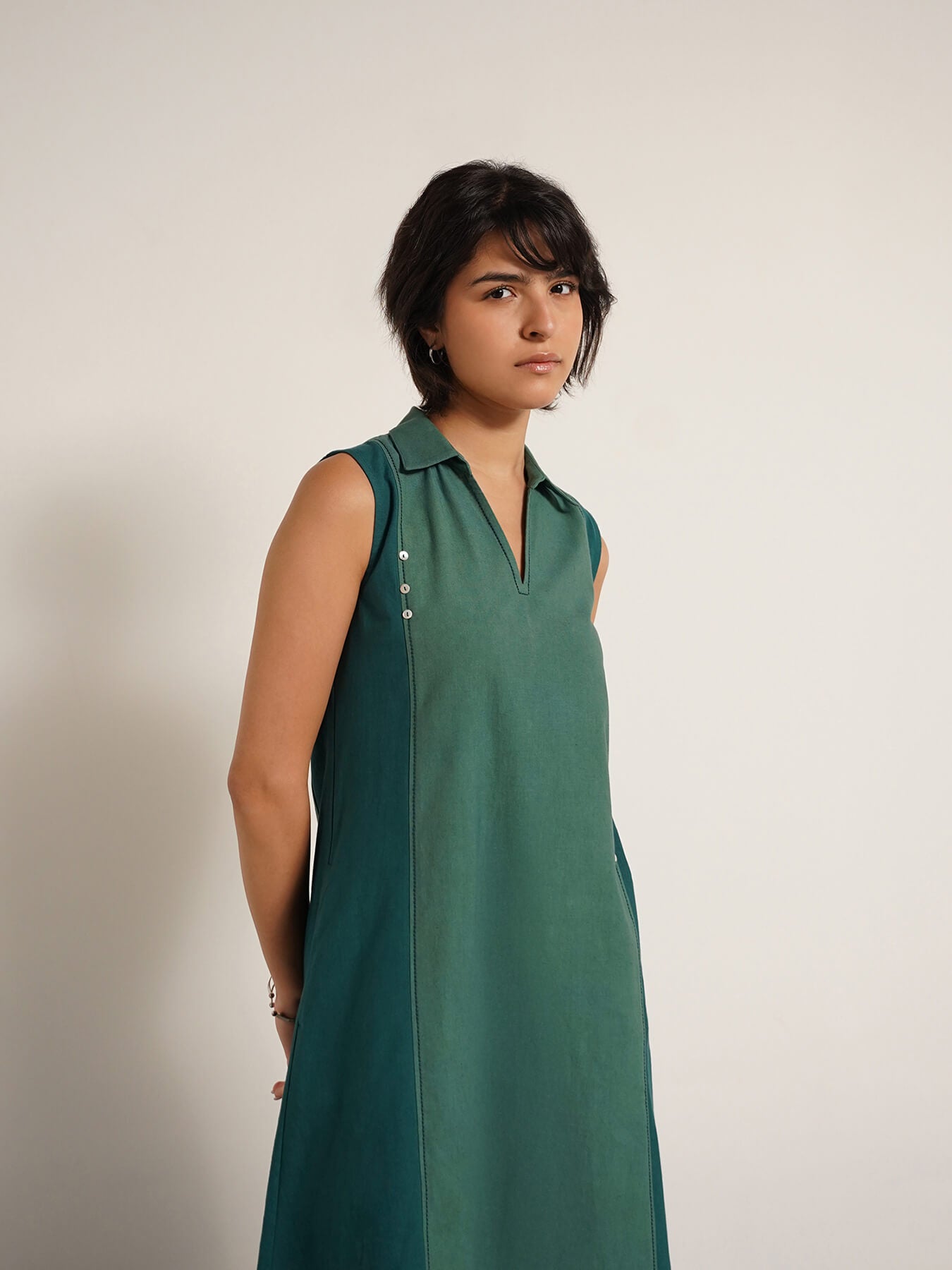 Cotton Colourblock Shirt Collar Dress - Teal