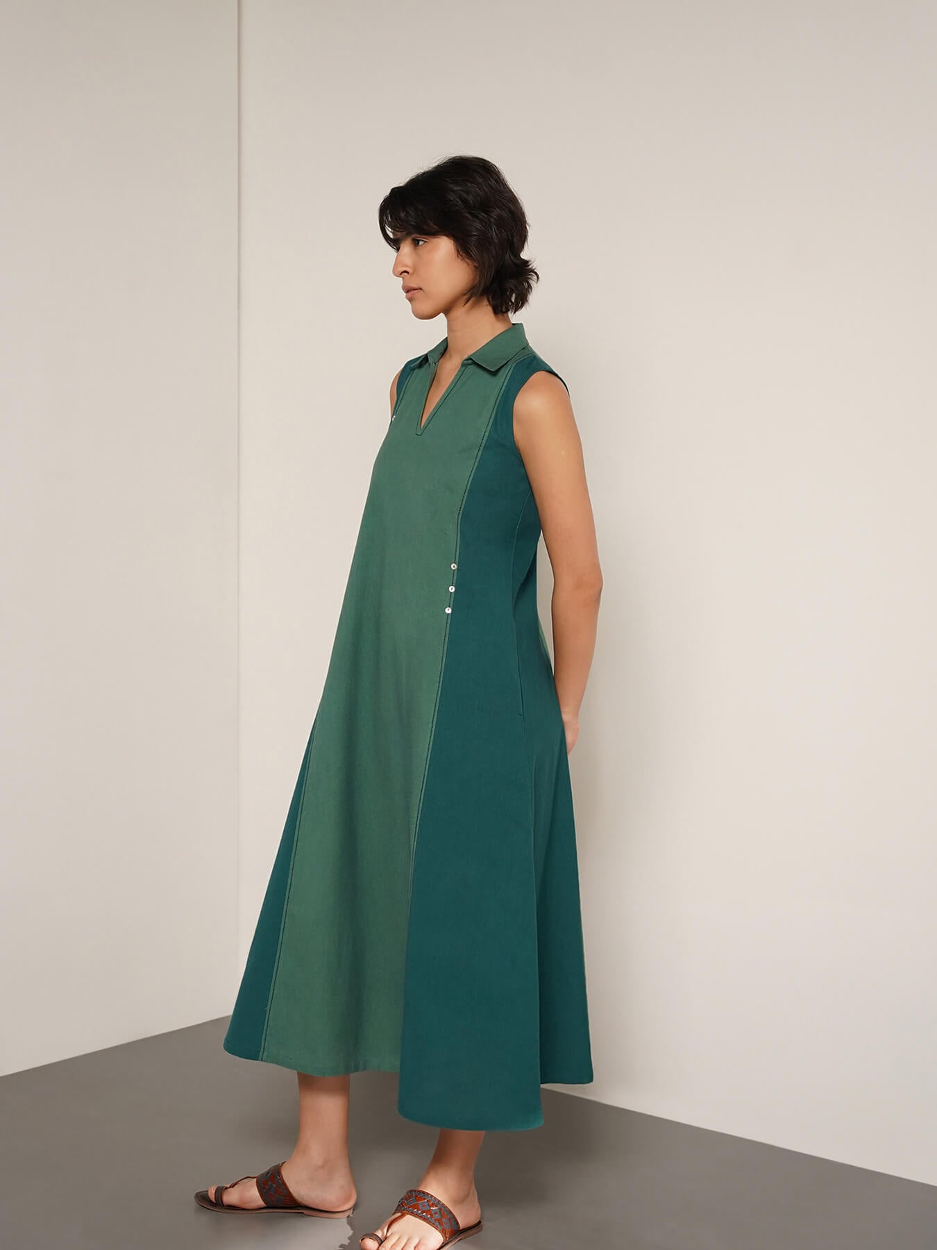 Cotton Colourblock Shirt Collar Dress - Teal