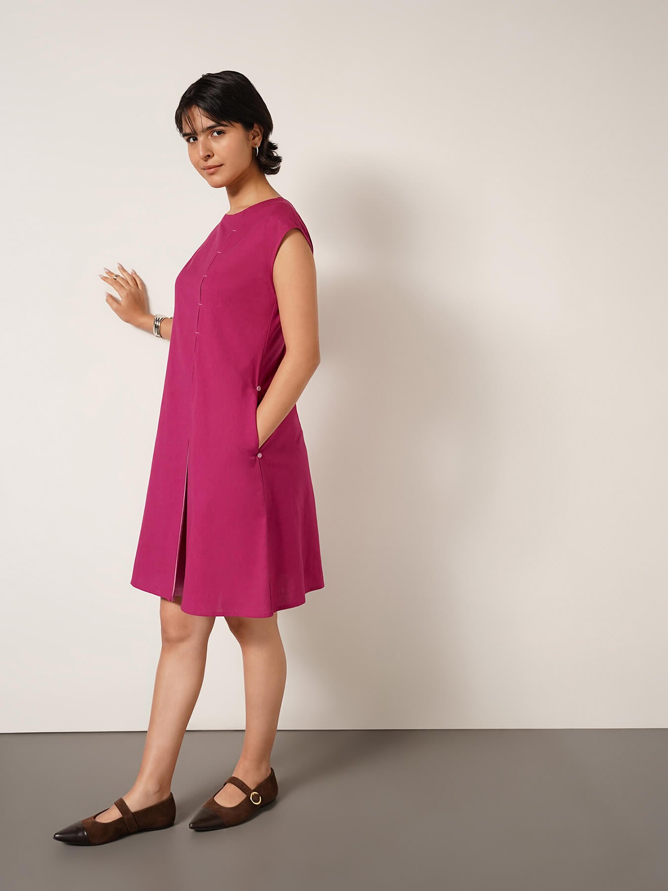 Cotton Colourblock Round Neck Dress - Pink