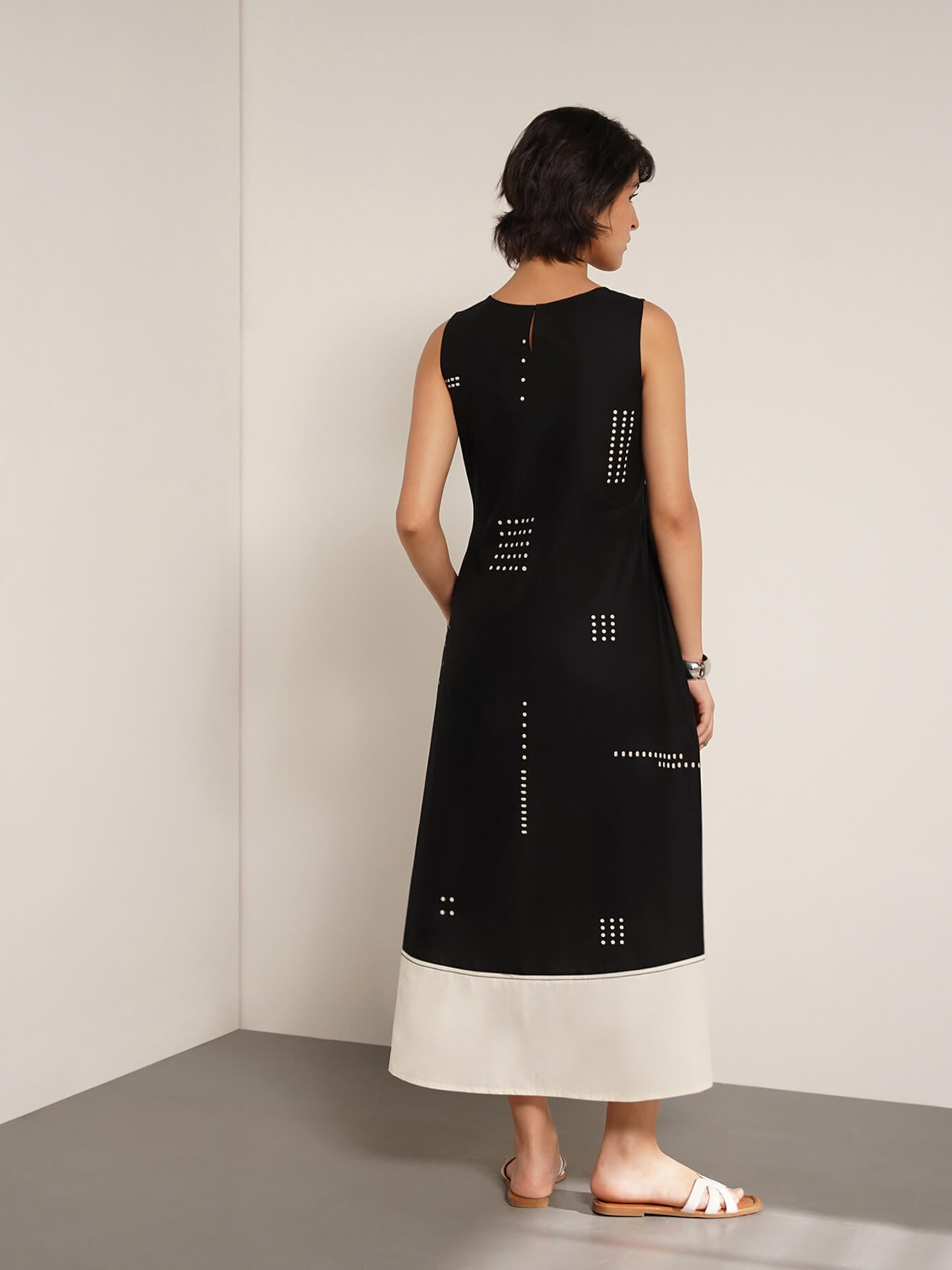 Cotton Colourblock Geometric Print Dress - Black & White